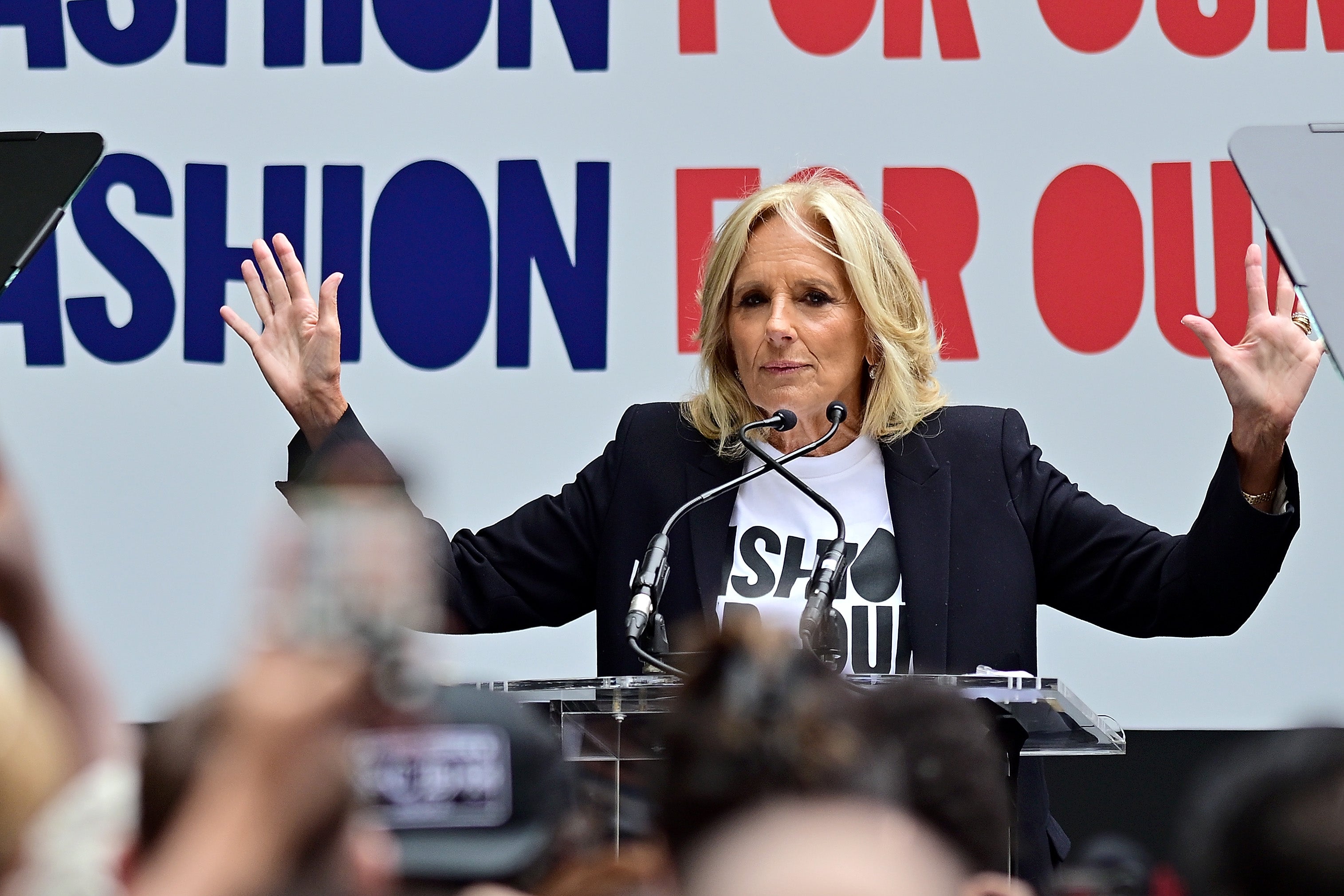 First Lady Jill Biden asks people to vote at the Fashion For Our Future rally