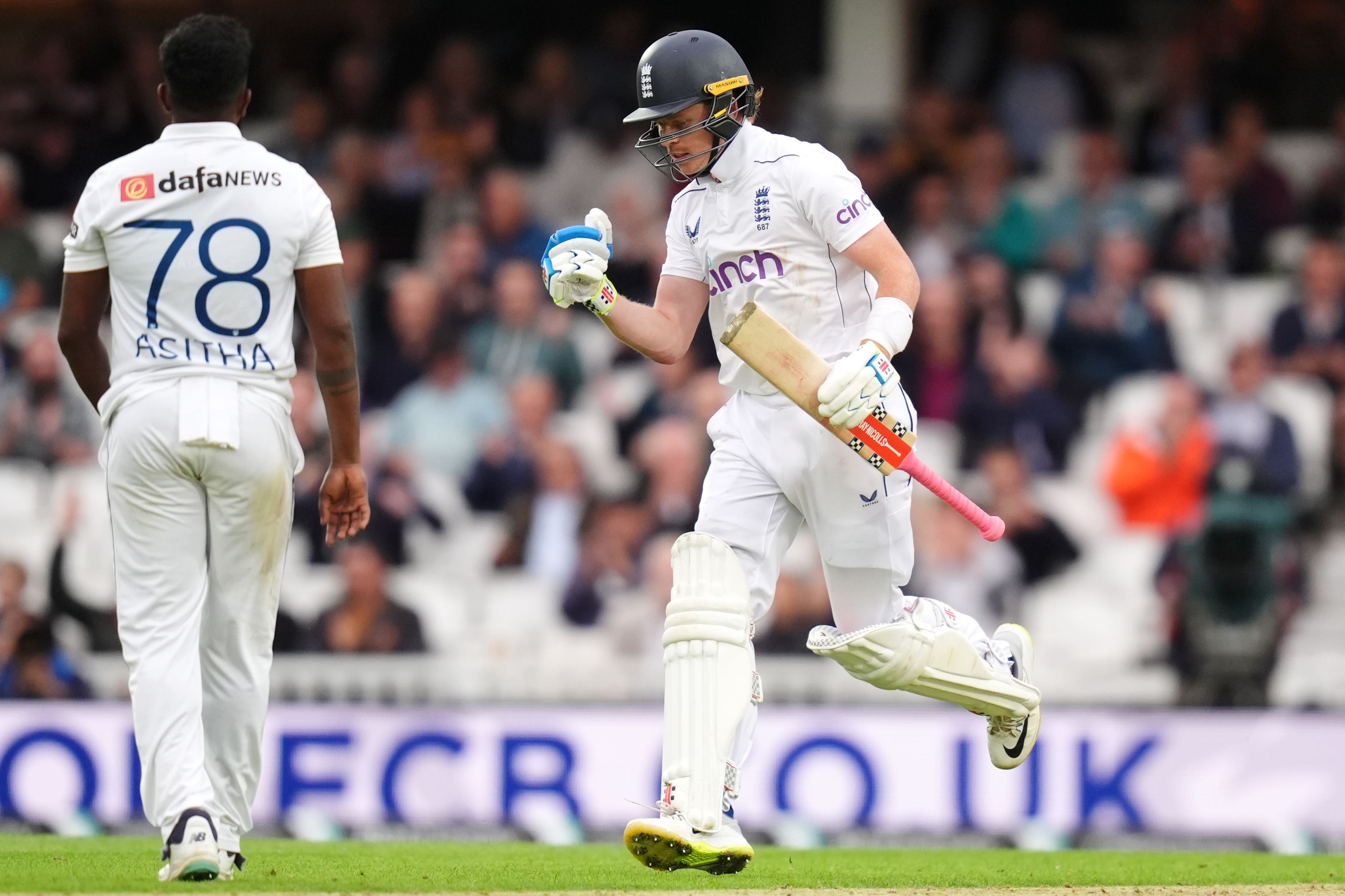 Ollie Pope celebrates his century at the Oval (John Walton/PA)