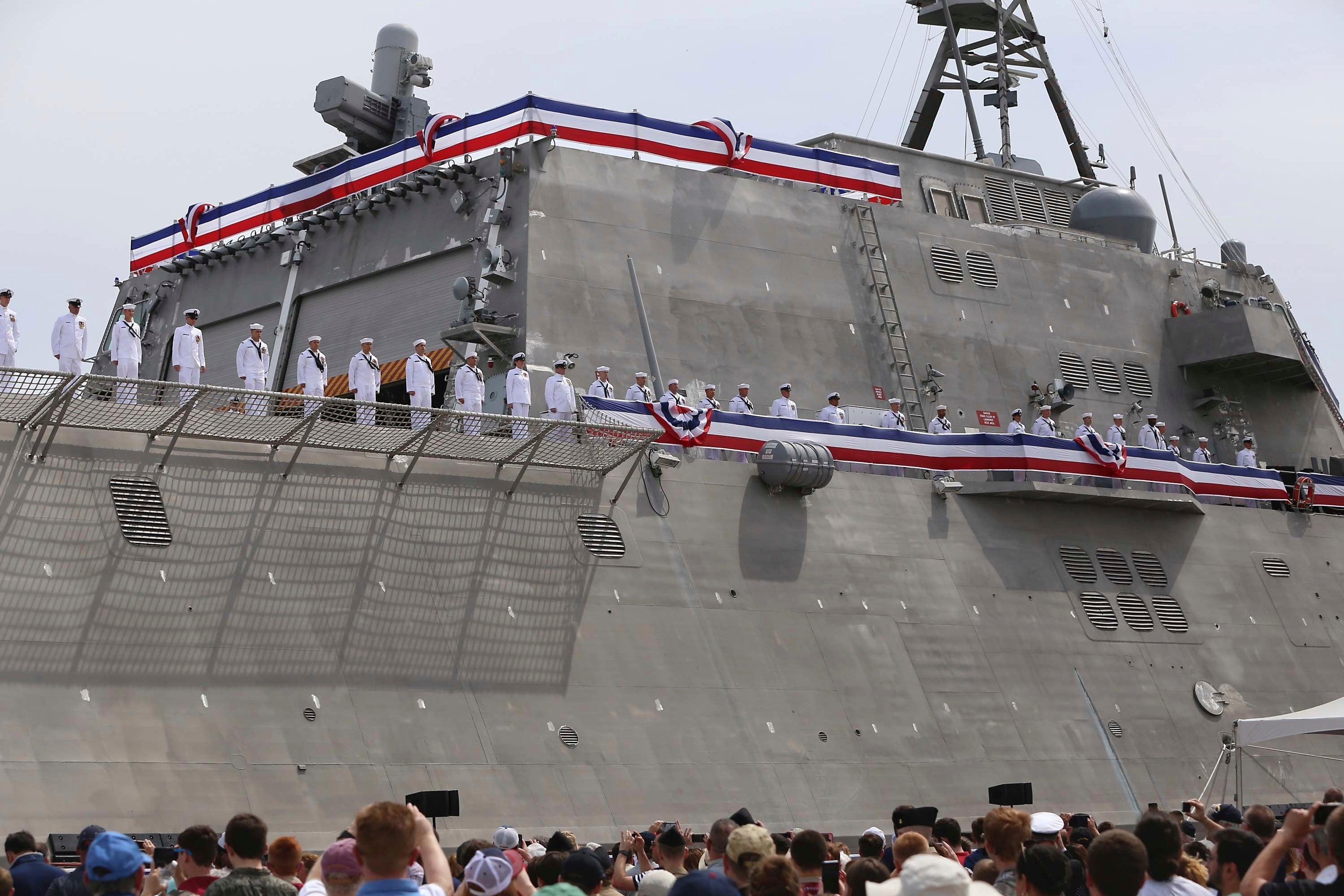 Thousands attend the commissioning ceremony for the USS Manchester at the New Hampshire State Pier in Portsmouth