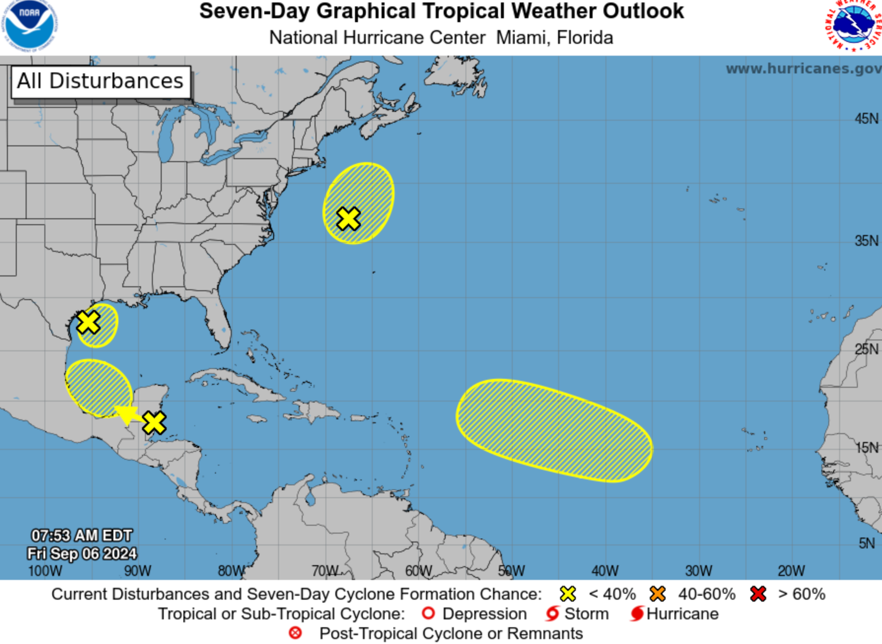 The National Weather Service’z map of disturbances in the Atlantic on Friday. It is watching a couple of areas for potential formation. This year’s hurricane season has seen five named storms.