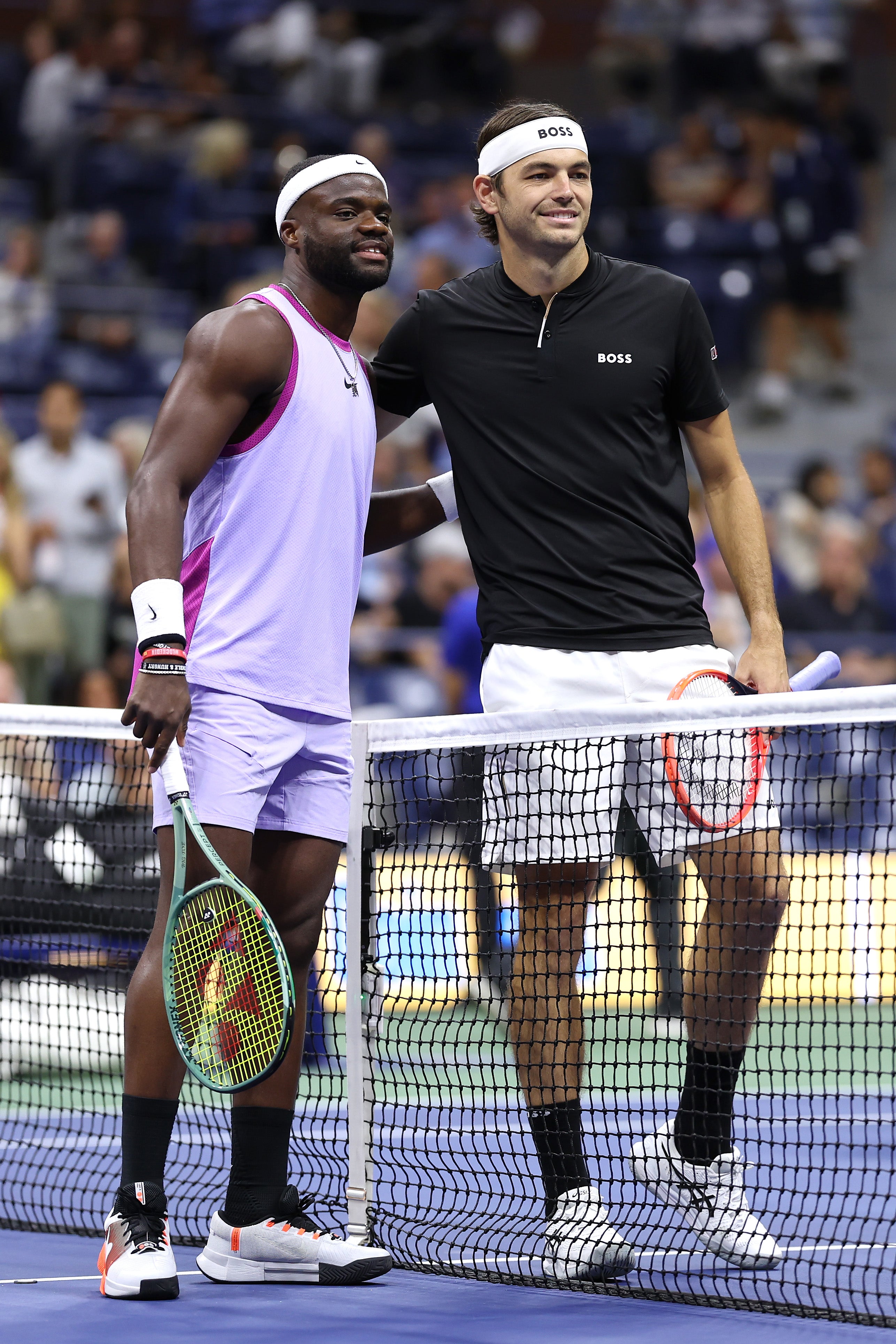 NEW YORK, NEW YORK – SEPTEMBER 06: Taylor Fritz and Frances Tiafoe of the United States pose for a photo before their men's singles semifinal match on day twelfth of the 2024 US Open at the USTA Billie Jean King National Tennis Center on September 6, 2024 in the Flushing neighborhood of the Queens borough of New York City. (Photo by Sarah Stier/Getty Images)