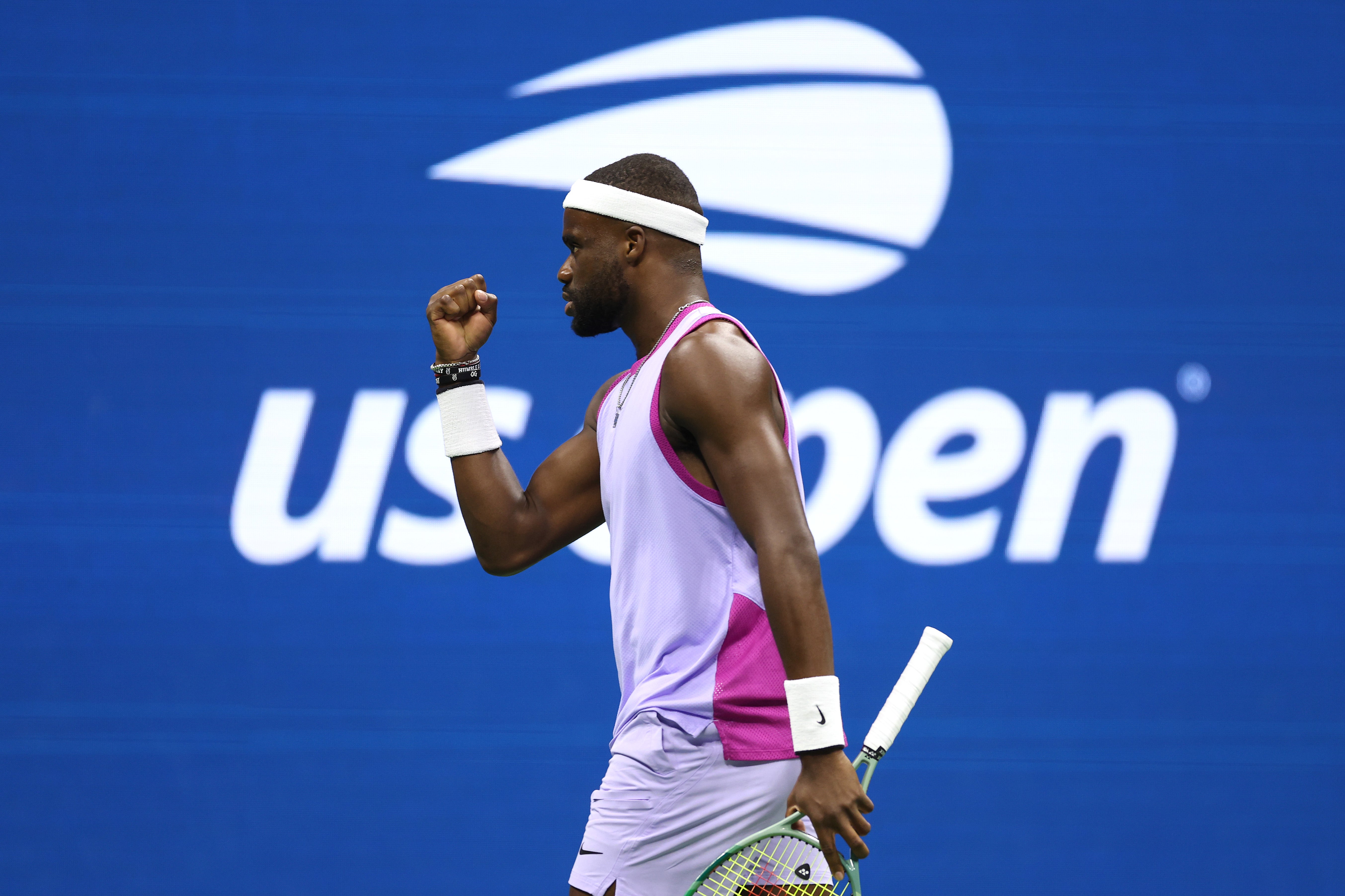 NEW YORK, NEW YORK – SEPTEMBER 06: Frances Tiafoe of the USA celebrates a point against Taylor Fritz of the USA during their men's singles semifinal match on day twelfth of the 2024 US Open at the USTA Billie Jean King National Tennis Center on September 6, 2024 in the Flushing neighborhood of the Queens borough of New York City. (Photo by Jamie Squire/Getty Images)