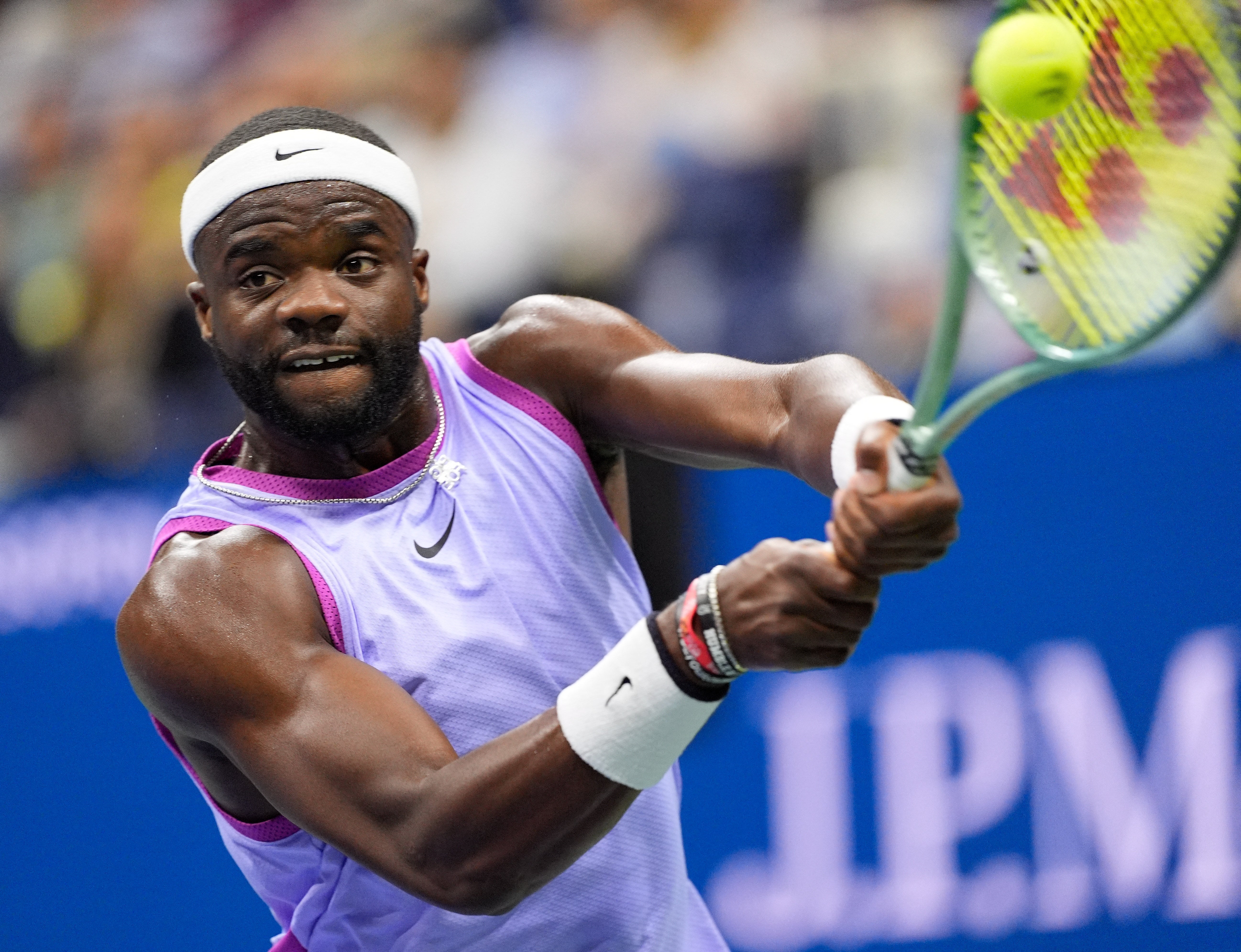 September 6, 2024; Flushing, NY, USA; Frances Tiafoe (USA) defeats Taylor Fritz (USA) on day twelfth of the 2024 US Open tennis tournament at the USTA Billie Jean King National Tennis Center. Mandatory photo credit: Robert Deutsch-Imagn Images