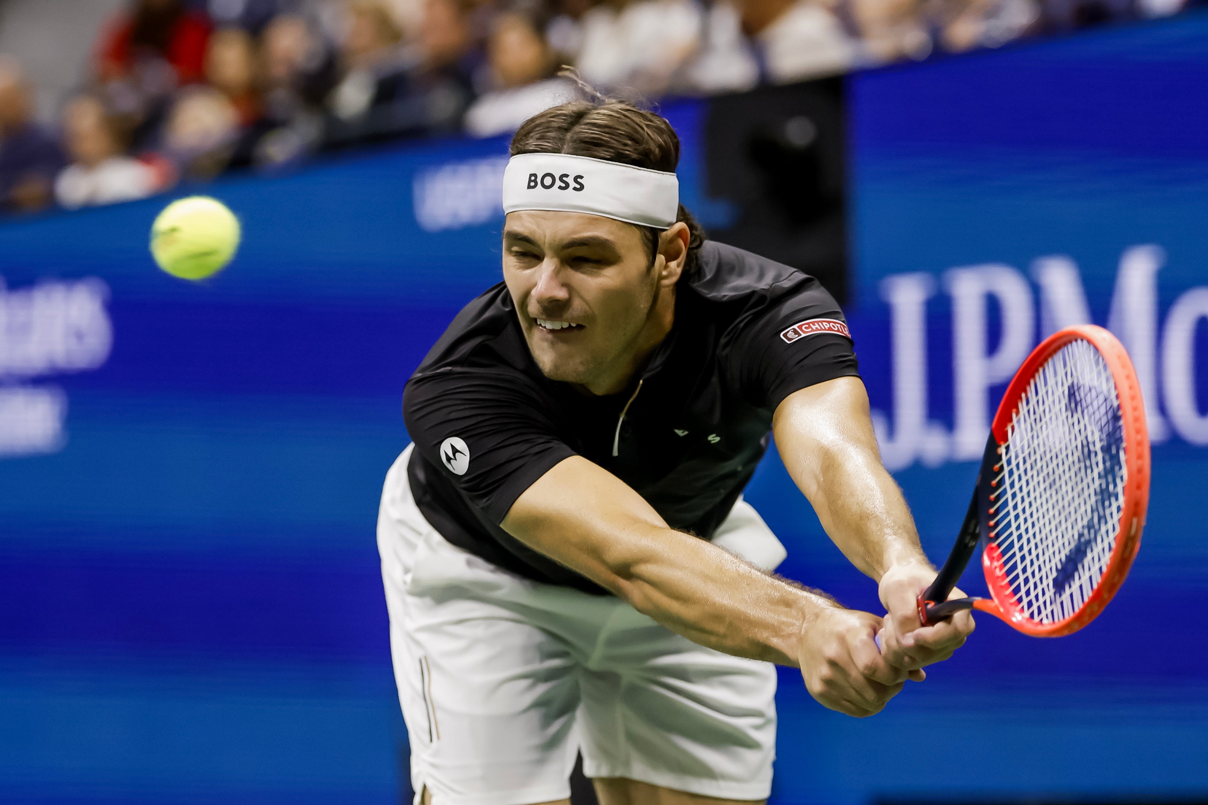 Taylor Fritz of the United States in action against Frances Tiafoe of the United States during their men's semifinals match of the US Open Tennis Championships at the USTA Billie Jean King National Tennis Center in Flushing Meadows, New York, USA, 06 September 2024. EPA/ JOHN G. MABANGLO