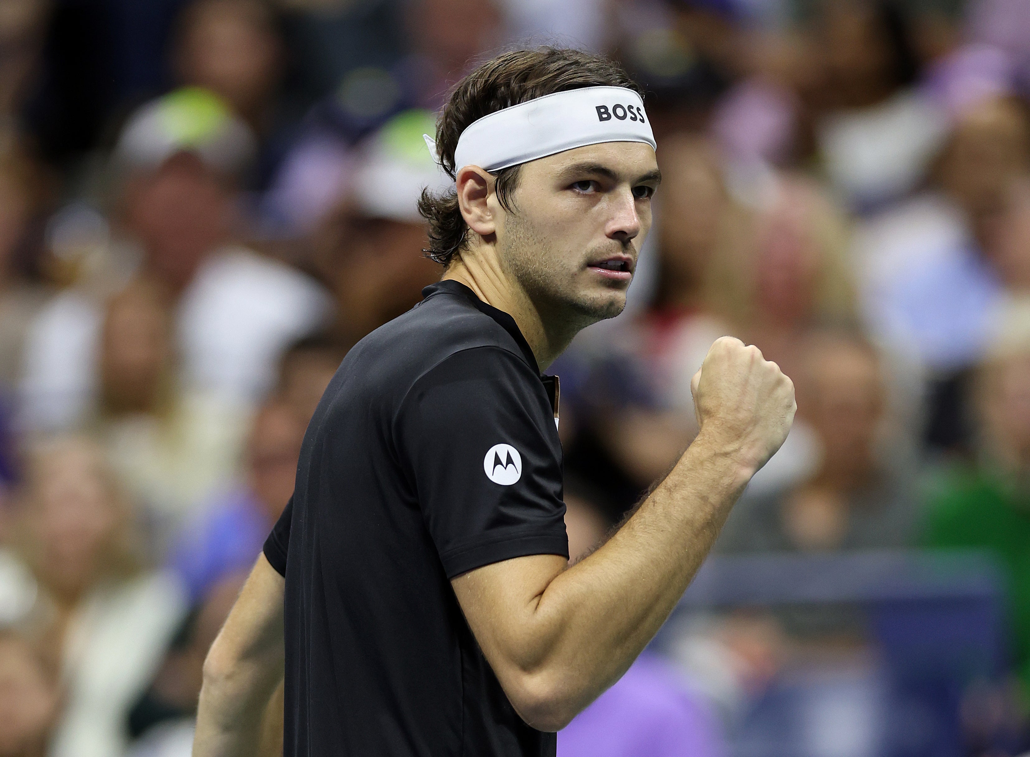 Taylor Fritz of the United States celebrates after winning the second set against Frances Tiafoe of the United States during their Men's Singles Semifinal match on Day Twelve of the 2024 US Open at USTA Billie Jean King National Tennis Center on September 06, 2024 in the Flushing neighborhood of the Queens borough of New York City. (Photo by Jamie Squire/Getty Images)