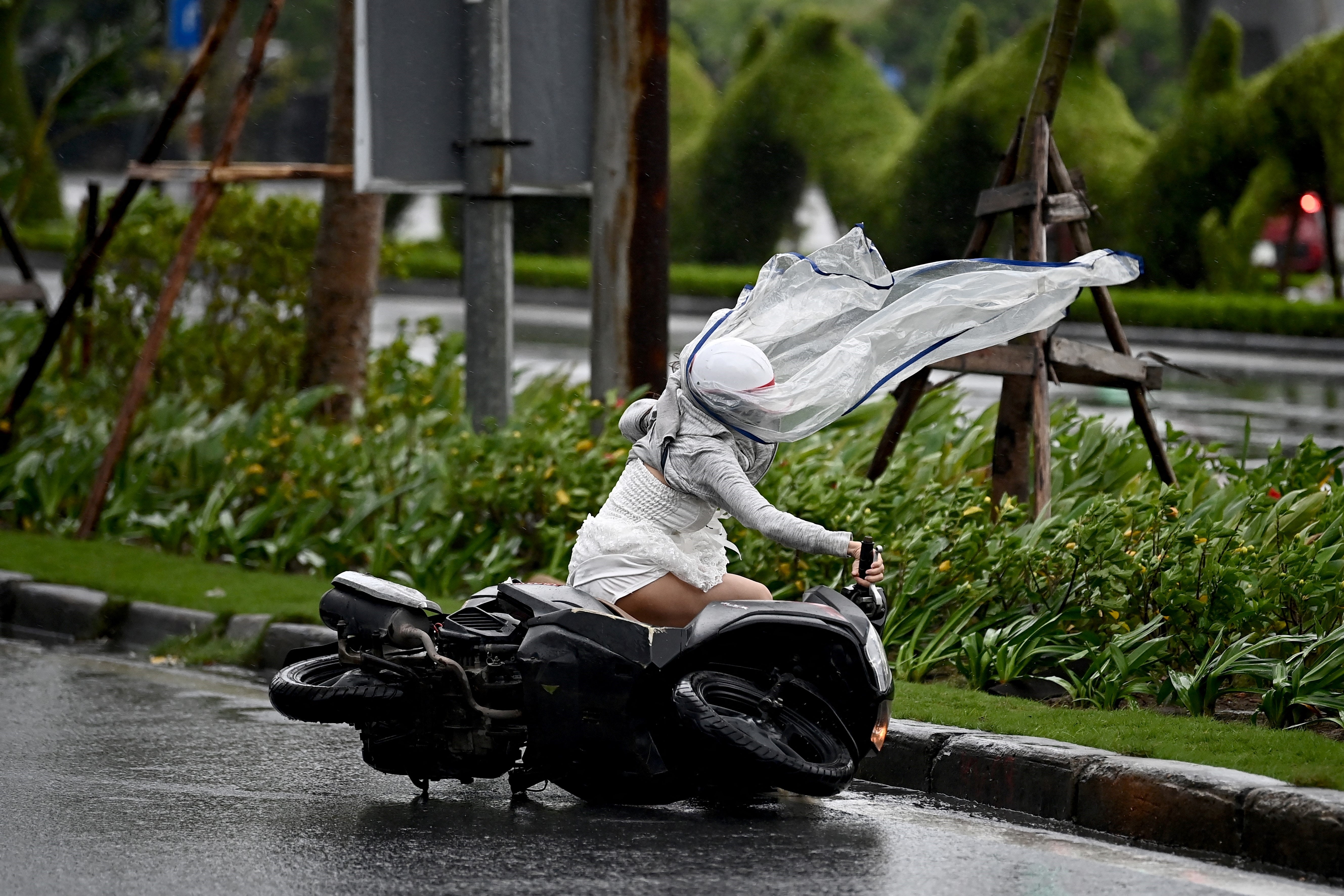 A woman riding a motorbike is blown down from the wind of Typhoon Yagi in Hai Phong city on 7 September 2024