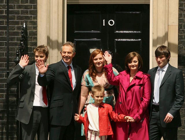 <p>Tony Blair stands with his family (from left to right): Euan, Kathryn, Leo, Cherie and Nicholas as they leave Downing Street for the last time in June 2007 </p>