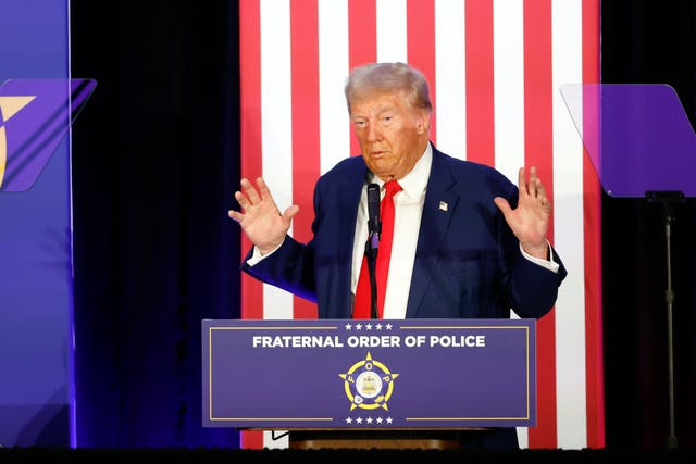 <p>Republican presidential nominee former President Donald Trump speaks to the Fraternal Order of Police in Charlotte, N.C., Friday, Sept. 6, 2024</p>