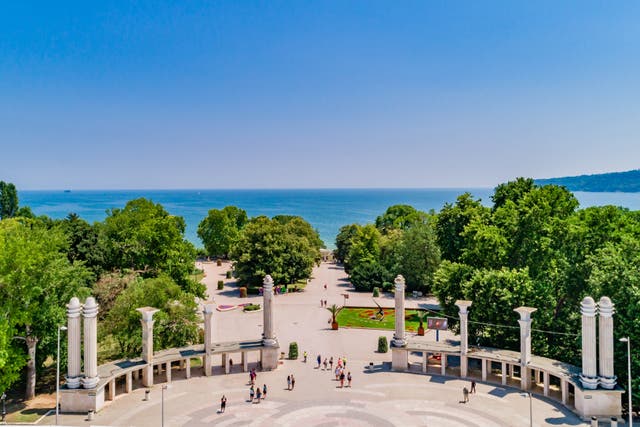 <p>Beach-bound: the entrance to Varna’s ‘Sea Garden’ and the shore beyond it</p>