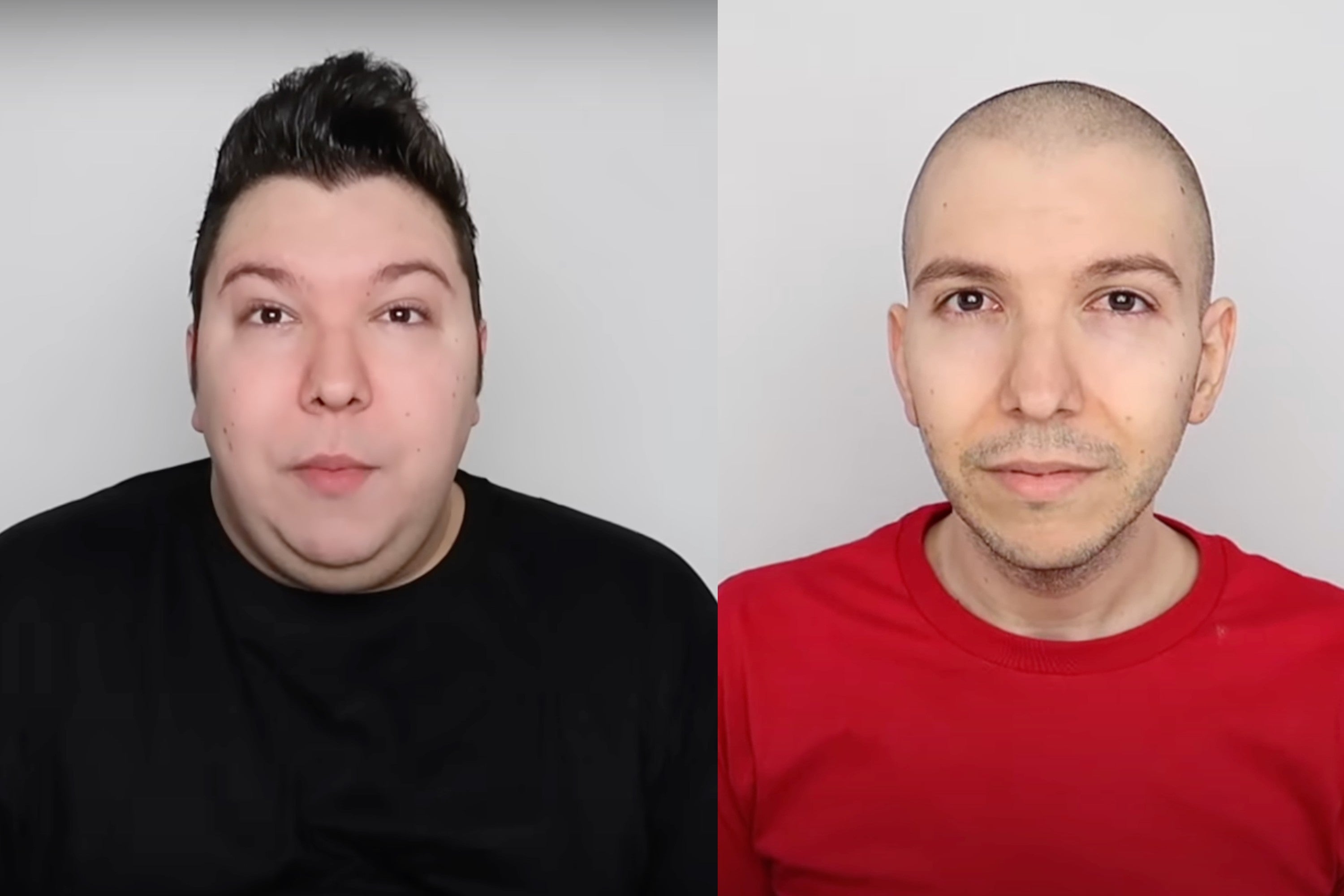 A before and after picture of YouTuber, Nikocado Avocado, who secretly lost 250lbs