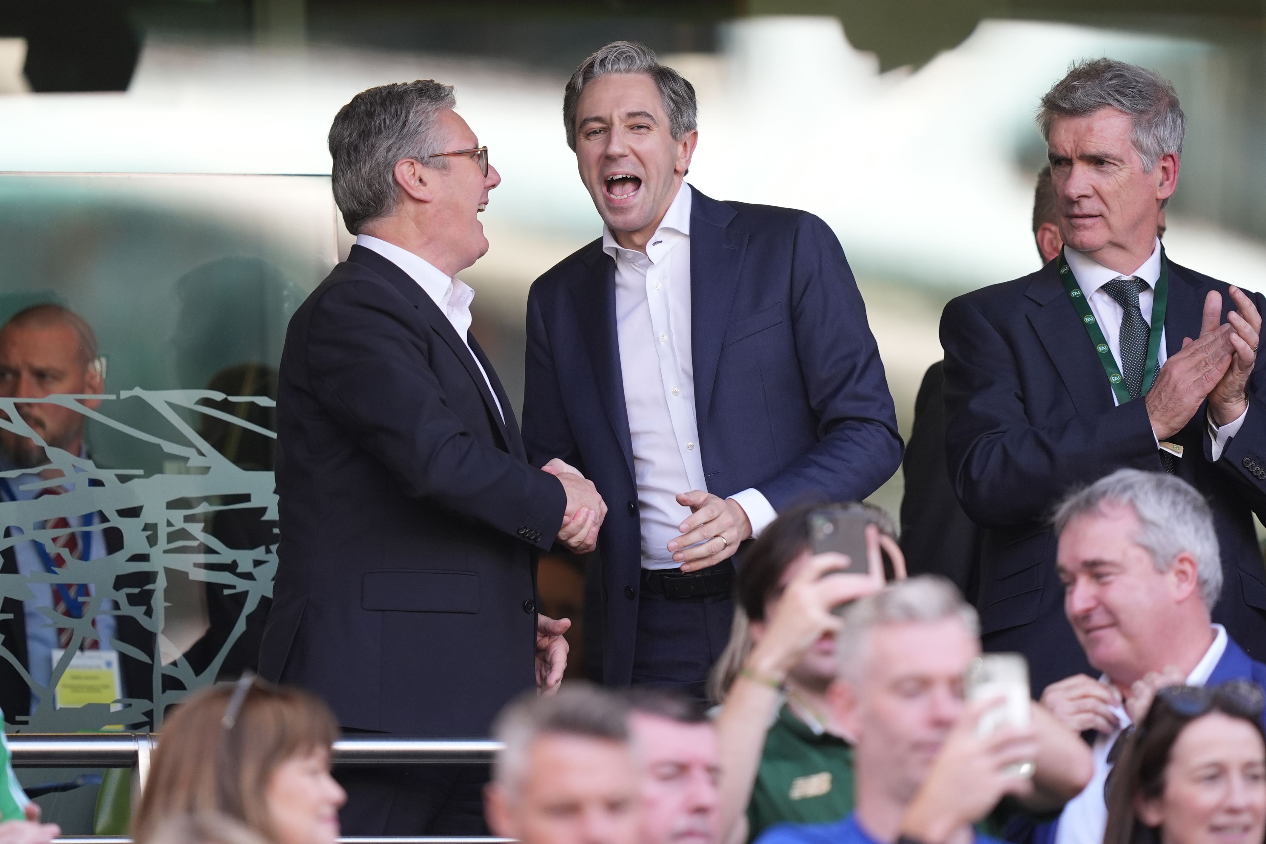 Prime Minister Sir Keir Starmer and Taoiseach Simon Harris during the Nations League Group F match at Aviva Stadium, Dublin (Niall Carson/PA)