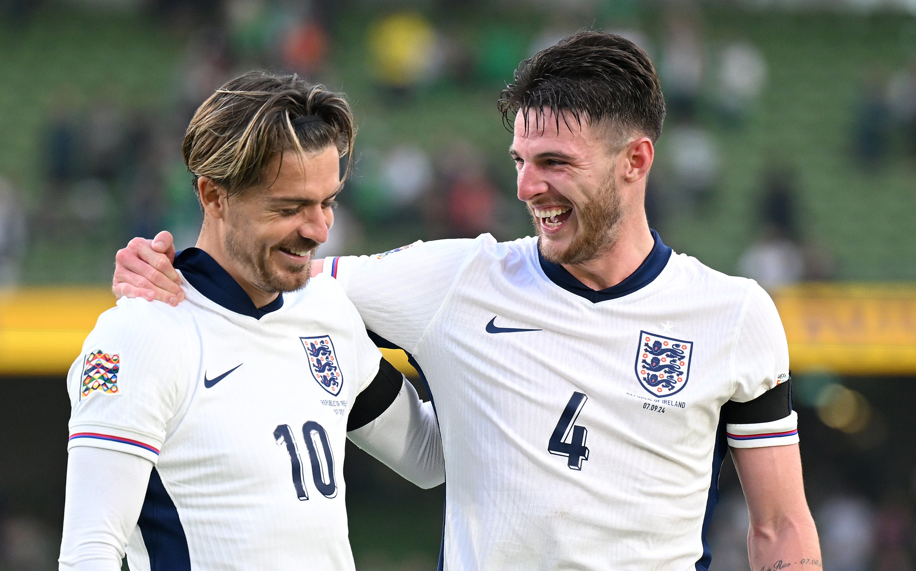 Jack Grealish and Decland Rice celebrate for England against the Republic of Ireland.