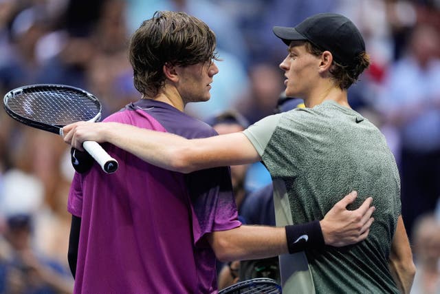 <p>Jannik Sinner, right, says Draper will win major titles in the future (Julia Nikhinson/AP)</p>