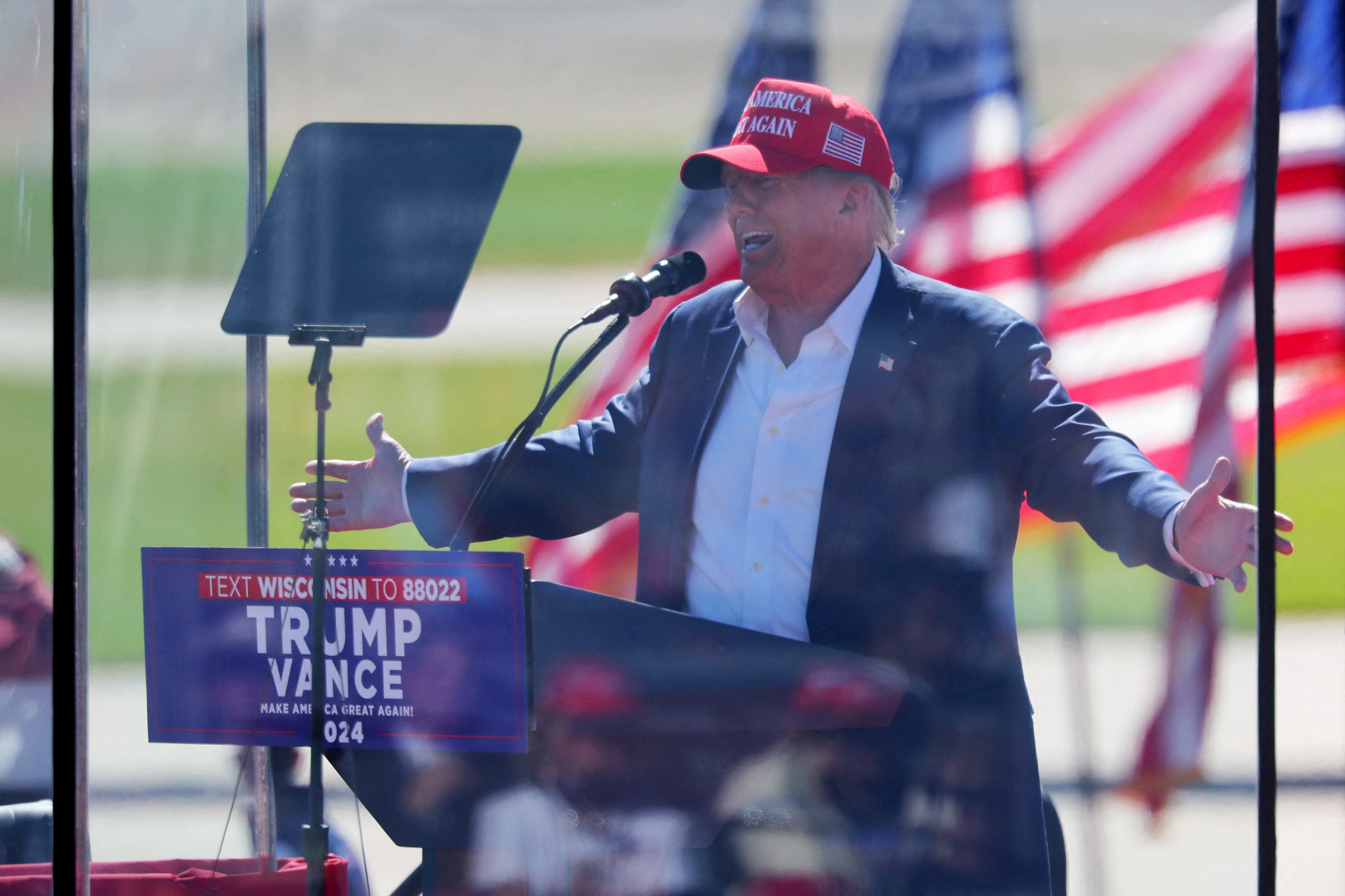 Republican presidential nominee and former U.S. President Donald Trump holds a rally in Mosinee, Wisconsin, U.S. September 7, 2024