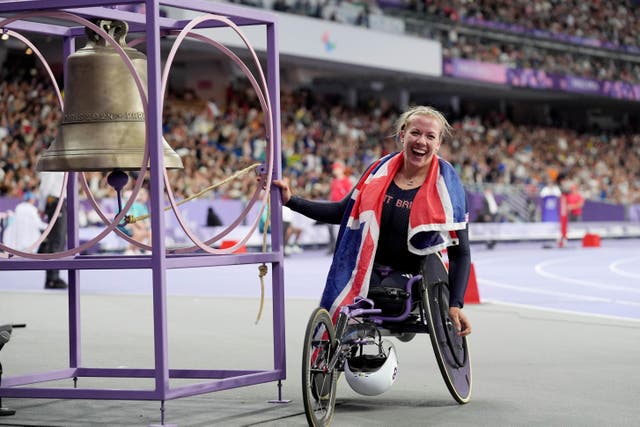 Great Britain’s Hannah Cockroft celebrating gold in the women’s 800m T34 final (ParalympicsGB/PA)