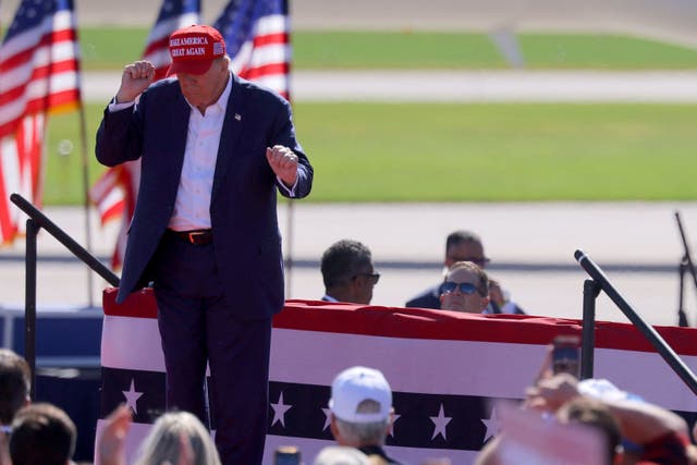 <p>Republican presidential nominee and former U.S. President Donald Trump holds a rally in Mosinee, Wisconsin, U.S. September 7, 2024</p>