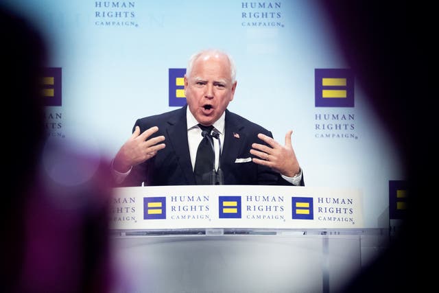 <p>Tim Walz addresses the 2024 Human Rights Campaign National Dinner in Washington, DC </p>