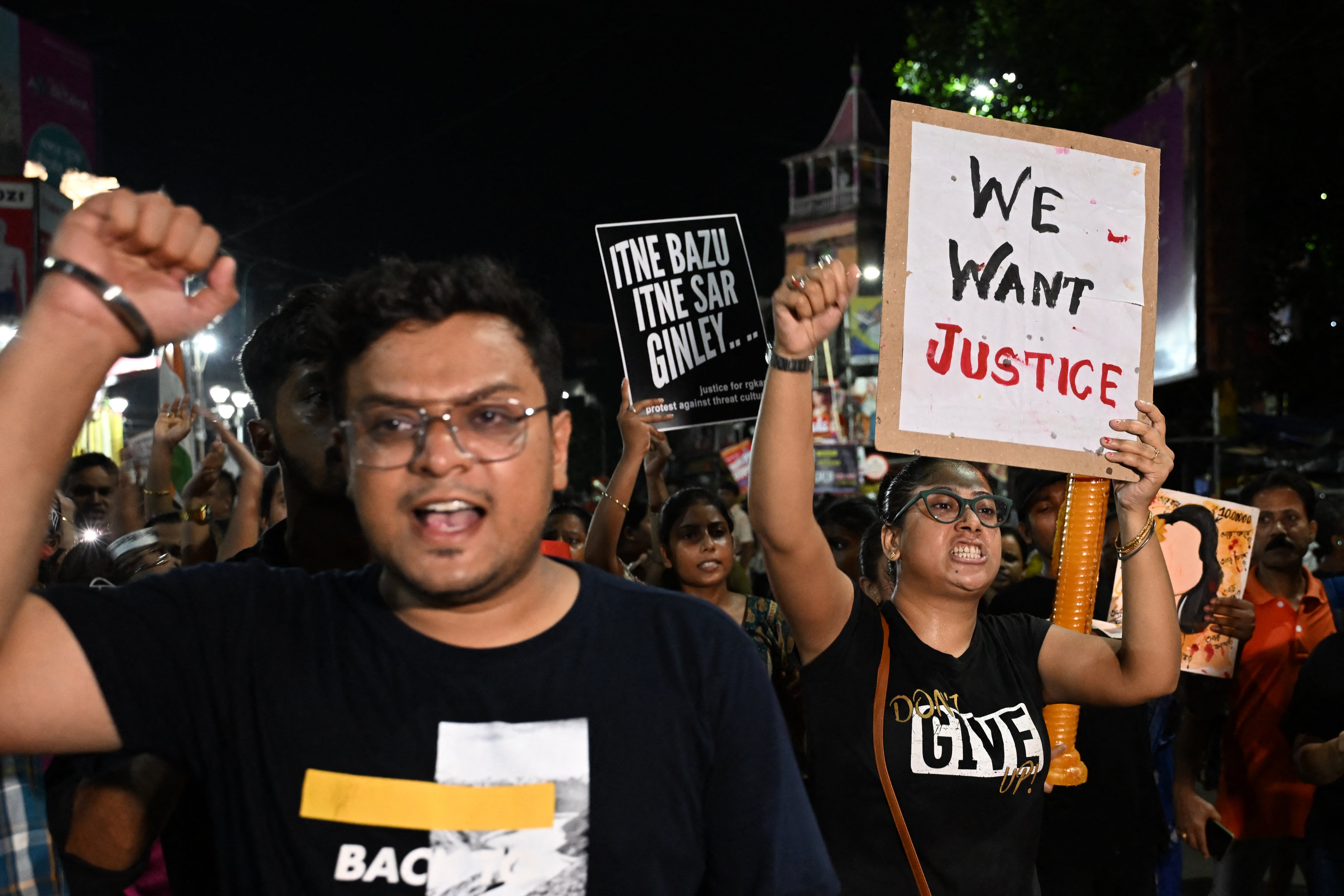 <p>People chant during a demonstration to condemn the rape and murder of a doctor, at the RG Kar Medical College and Hospital in Kolkata on 4 September 2024</p>