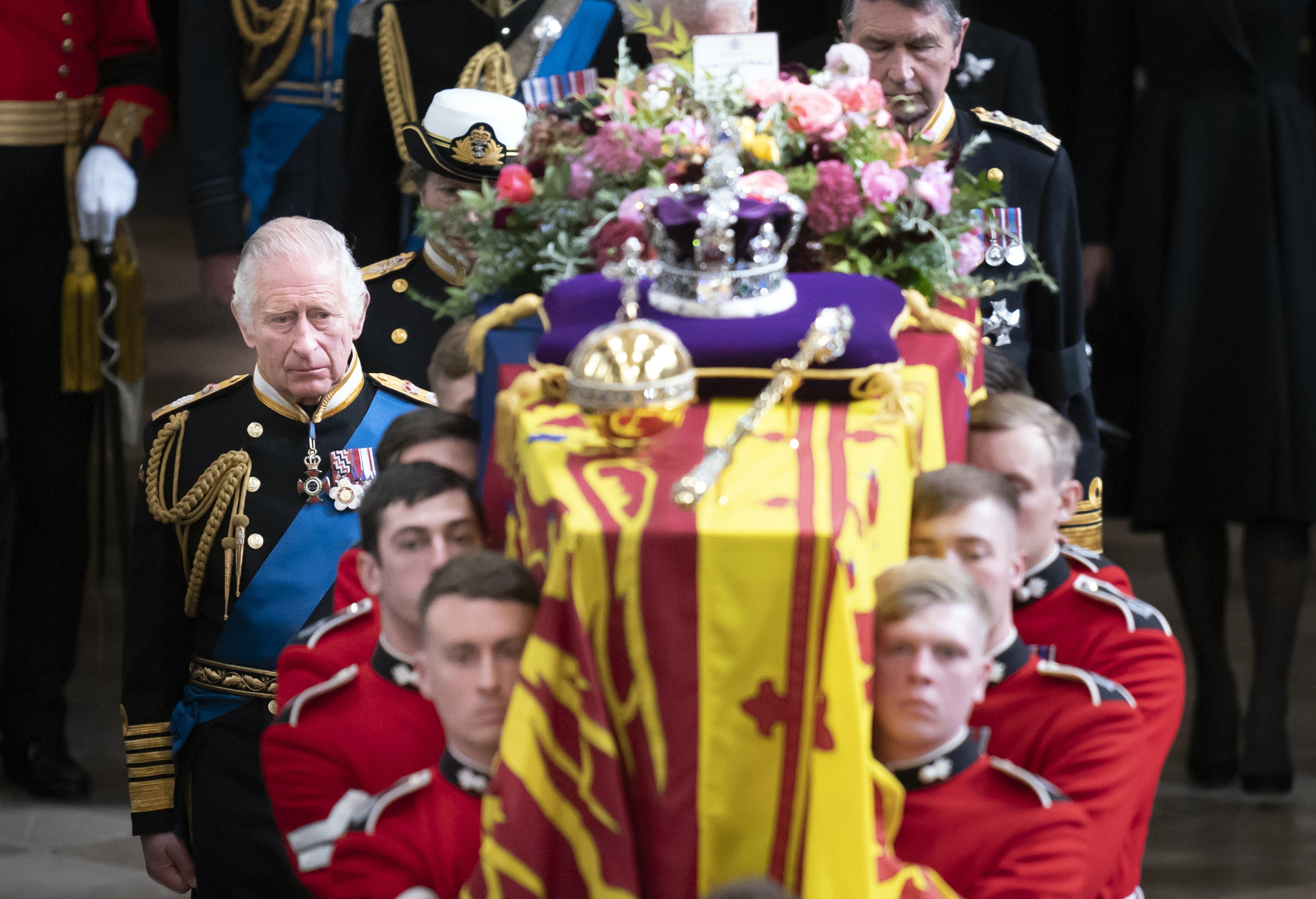 The King and members of the royal family following the Queen’s coffin at her funeral, 11 days after her death (Danny Lawson/PA)