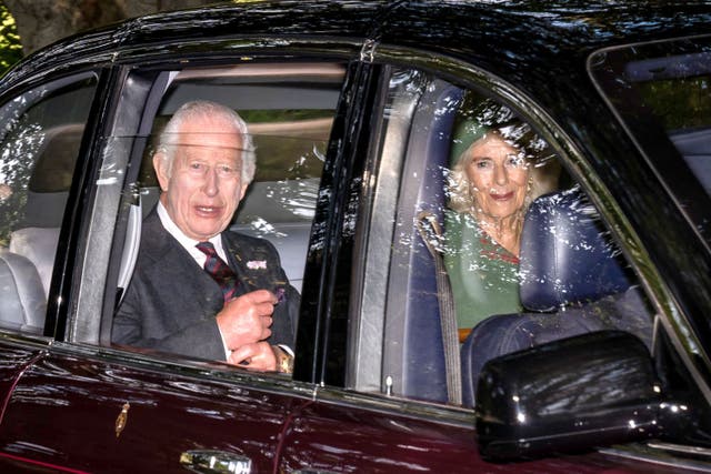 <p>The King and Queen sat next to one another as they arrive at the church on Accession Day (Aaron Chown/PA)</p>