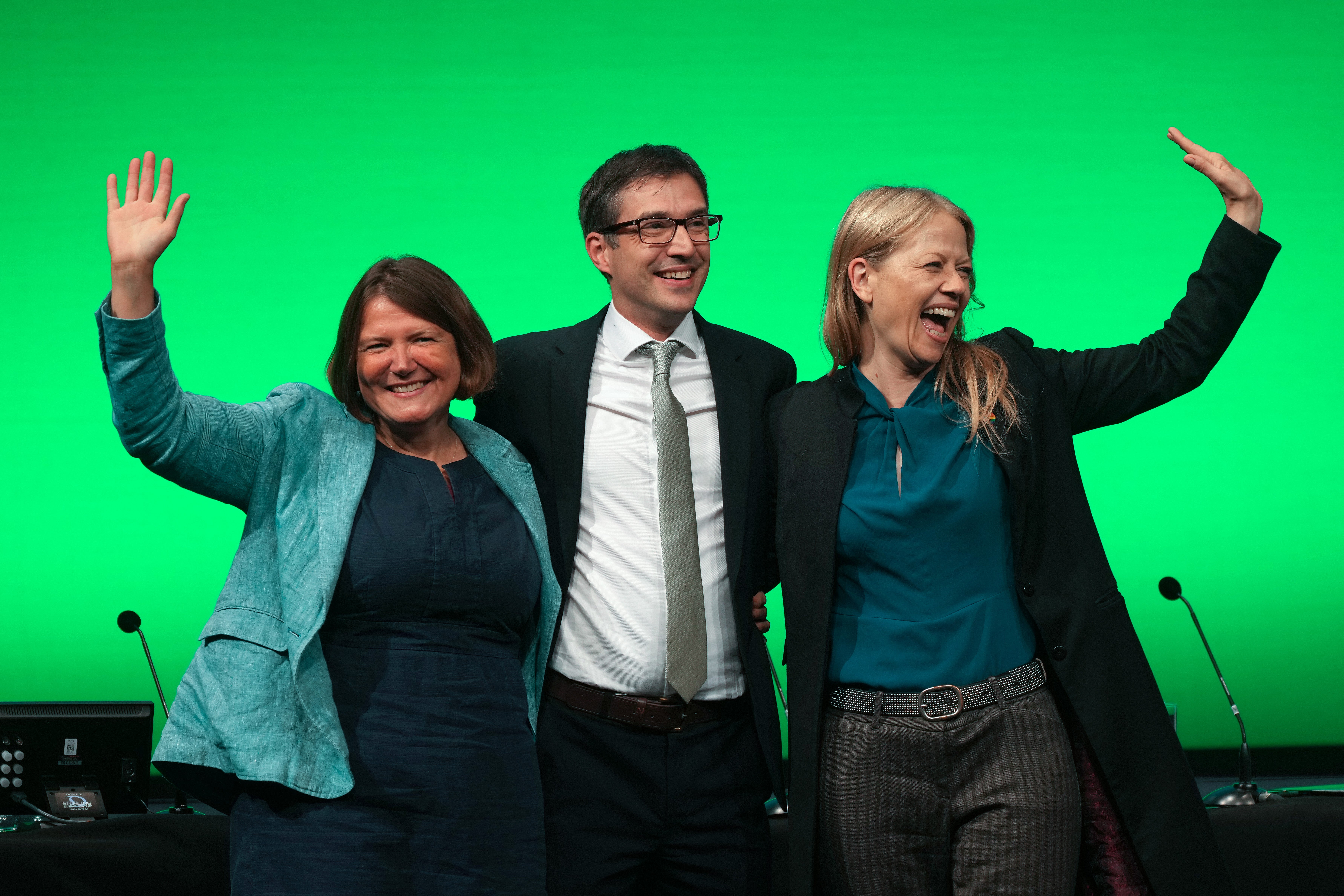 Green Party co-leader Adrian Ramsay and MPs Ellie Chowns and Sian Berry at the party’s autumn conference