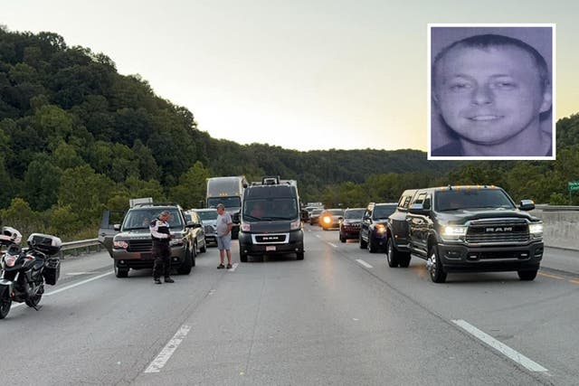 <p>Traffic stopped on Interstate 75 during an active shooter incident near London, Kentucky on September 7, 2024. Deputies said they do not believe road rage incited the shooting. A suspect, Joseph Couch, 32, pictured in an insert photo, is considered a person of interest but has not been apprehended by police</p>