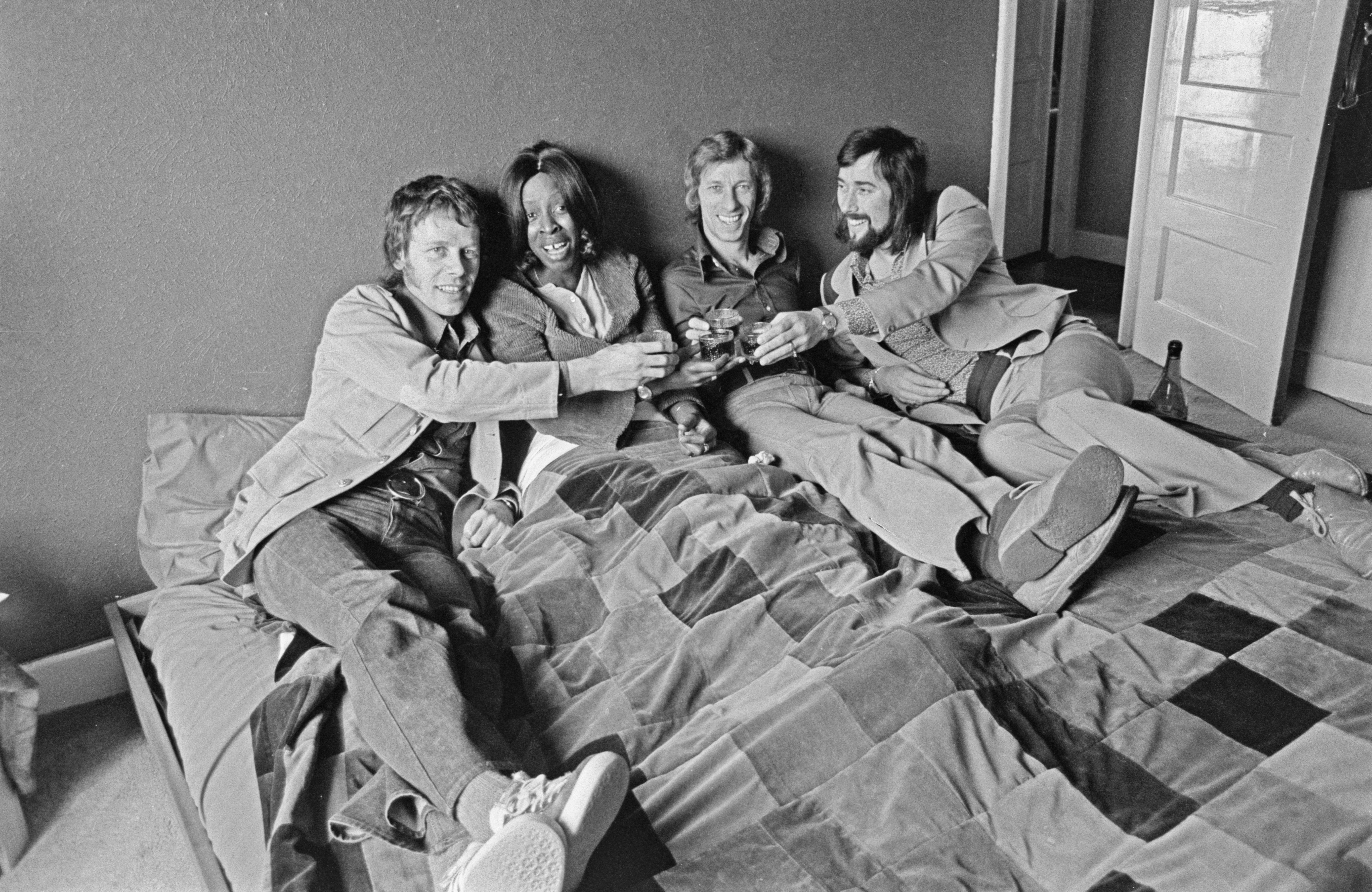 British pop group Blue Mink, in April 1973. From left to right, bassist Herbie Flowers, singer Madeline Bell, drummer Barry Morgan, and singer-songwriter Roger Cook.