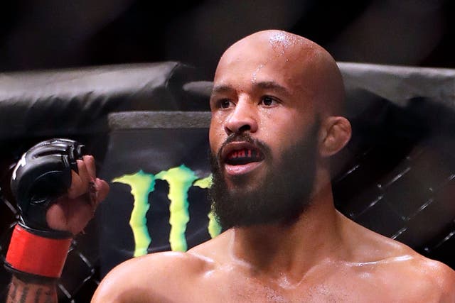 <p>Demetrious Johnson after retaining the UFC flyweight title in 2017</p>