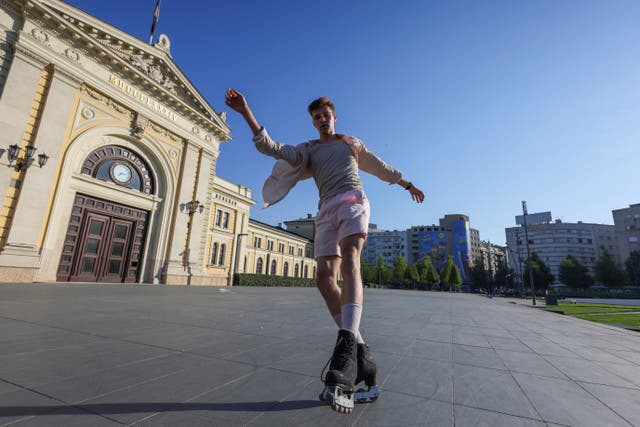 <p>Vadim Morus, Russian professional skater and trainer, practises for his performance in Belgrade, Serbia</p>