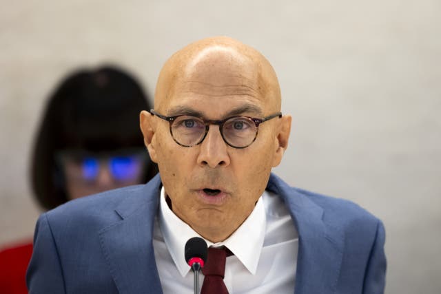 <p>UN High Commissioner for Human Rights Volker Turk presents a global update on human rights in the world during the opening of the 57th session of the Human Rights Council at the United Nations headquarters in Geneva, Switzerland</p>