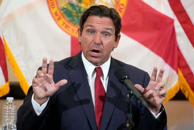 <p>Florida Governor Ron DeSantis, speaking to supporters on September 9, could face legal action after his administration appeared to target voters who signed petititions supporting an abortion rights measure to appear on ballots this fall</p>