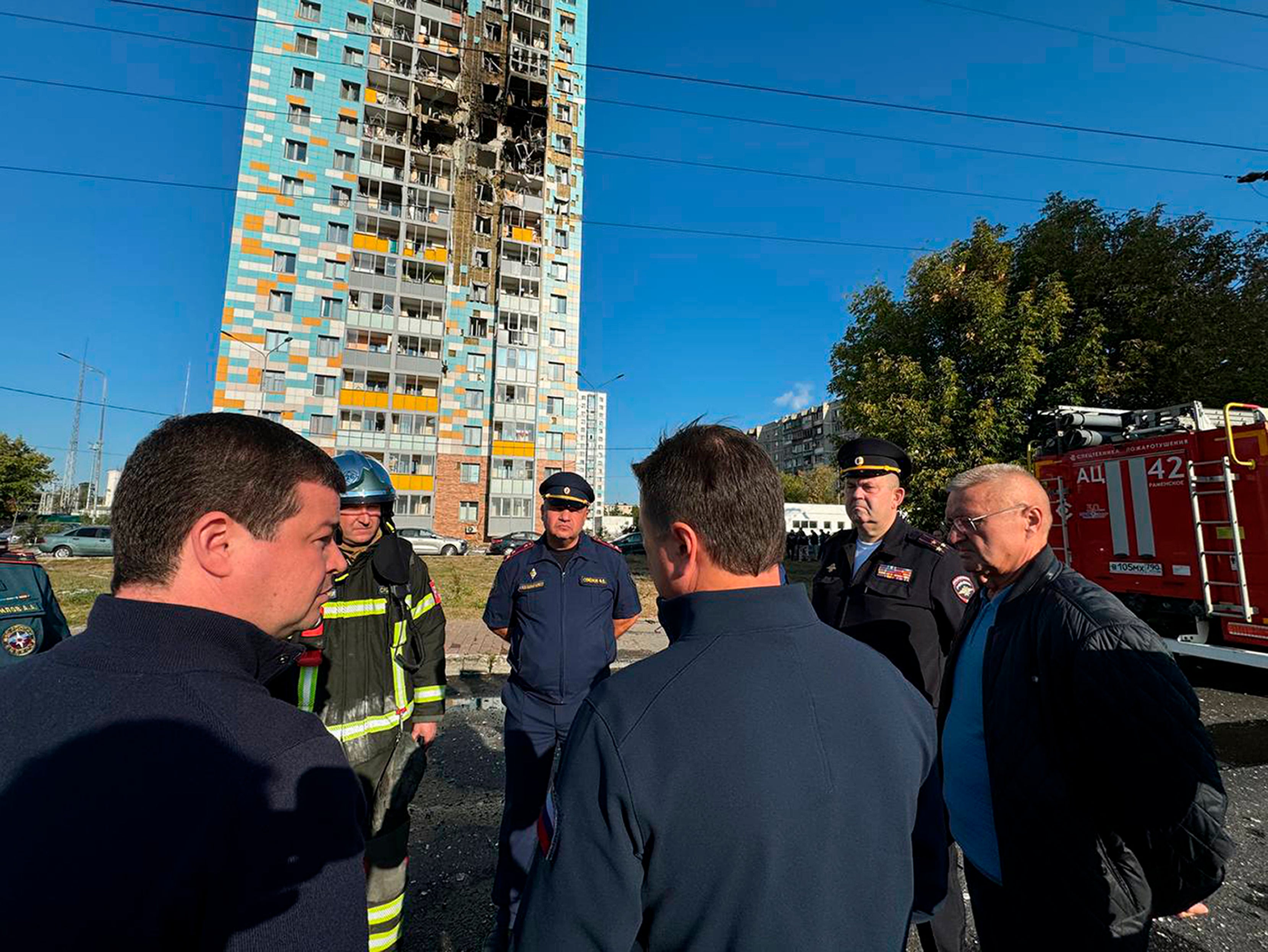 Site of the damaged multi-storey residential building following an alleged Ukrainian drone attack in Ramenskoye, outside Moscow