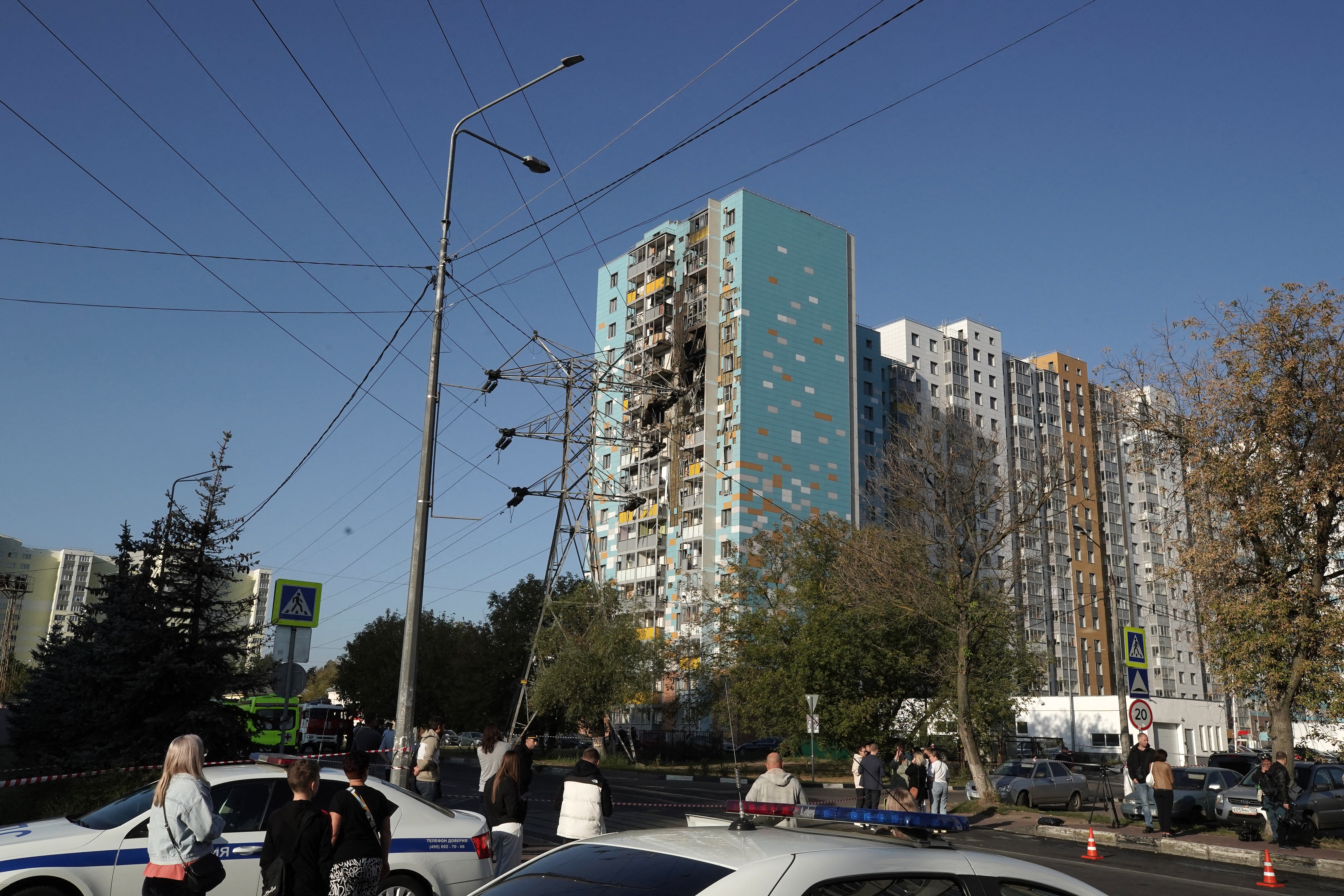 A building damaged in a massive wave of Ukrainian drones which set off air defences across several Russian regions