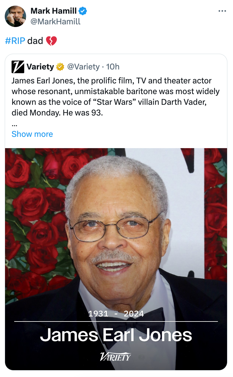 Mark Hamill's tribute to James Earl Jones on X/Twitter