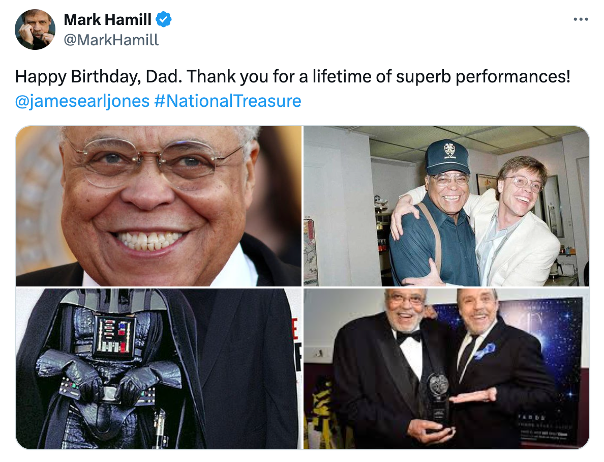 Mark Hamill wishes James Earl Jones a happy birthday on X/Twitter