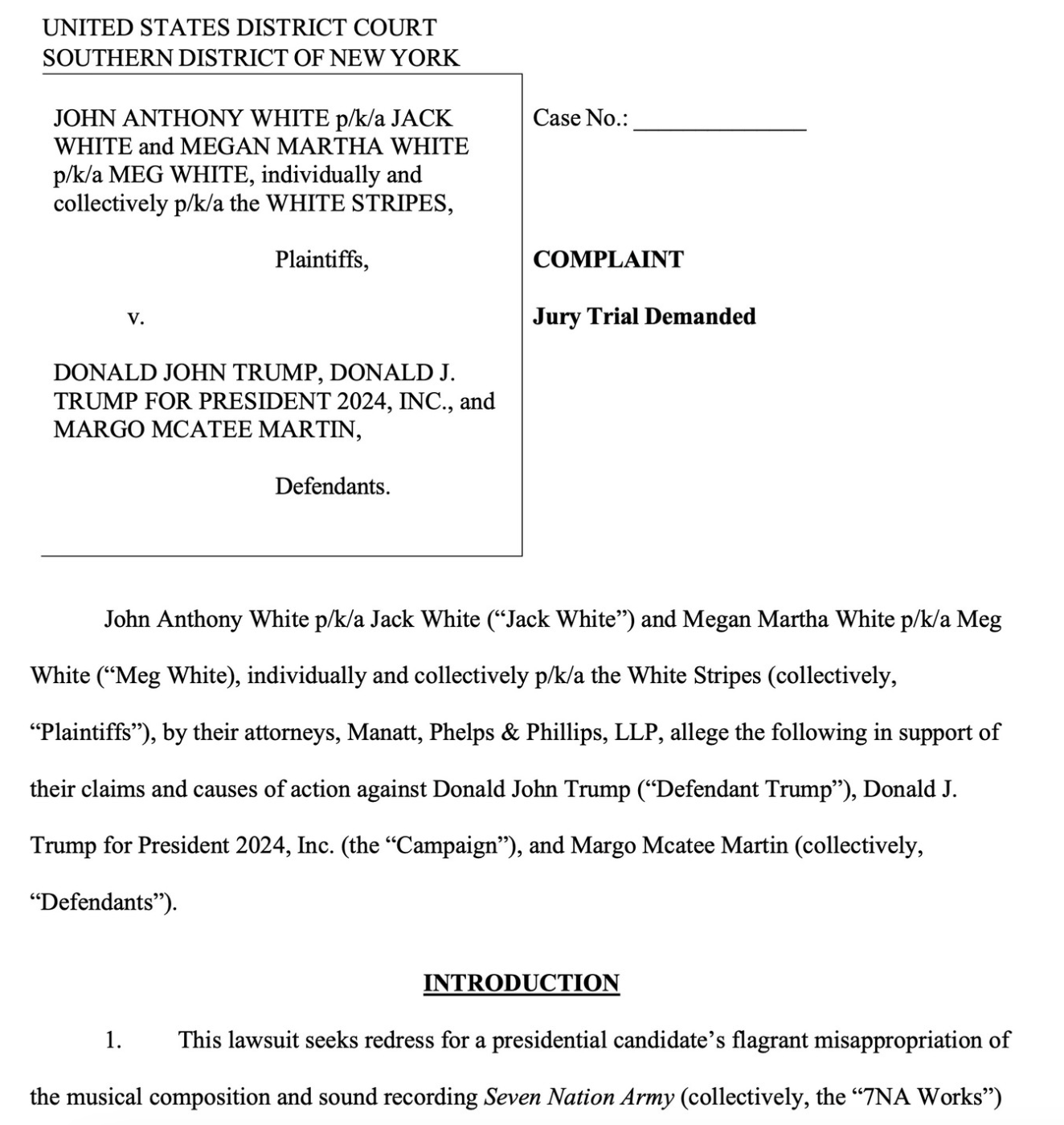 Jack White posted the first page of the lawsuit to his Instagram page
