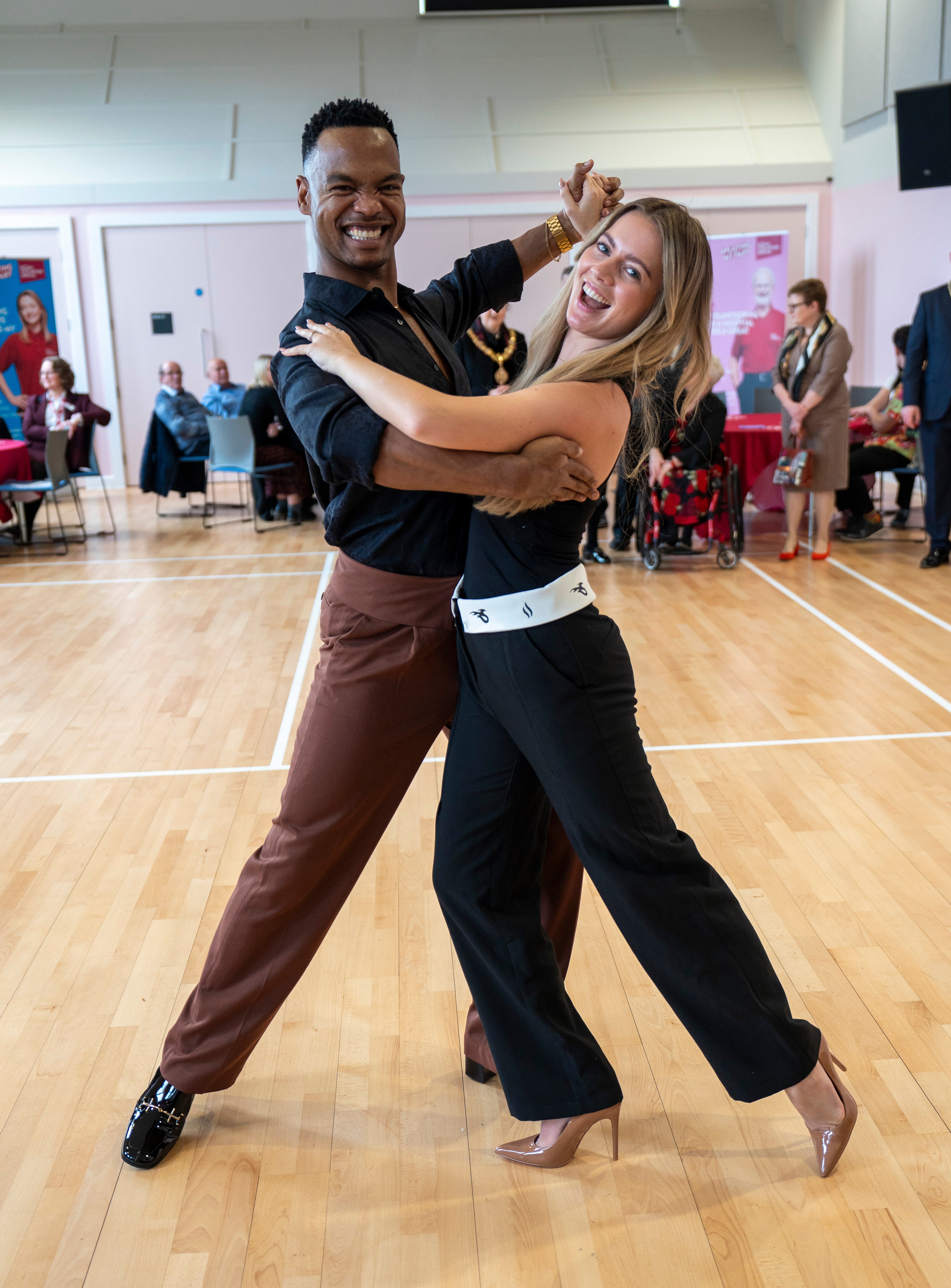 Ghouri with Strictly pro Johannes Radebe as they perform as Queen Camilla visited the opening of the Meadows Community Centre