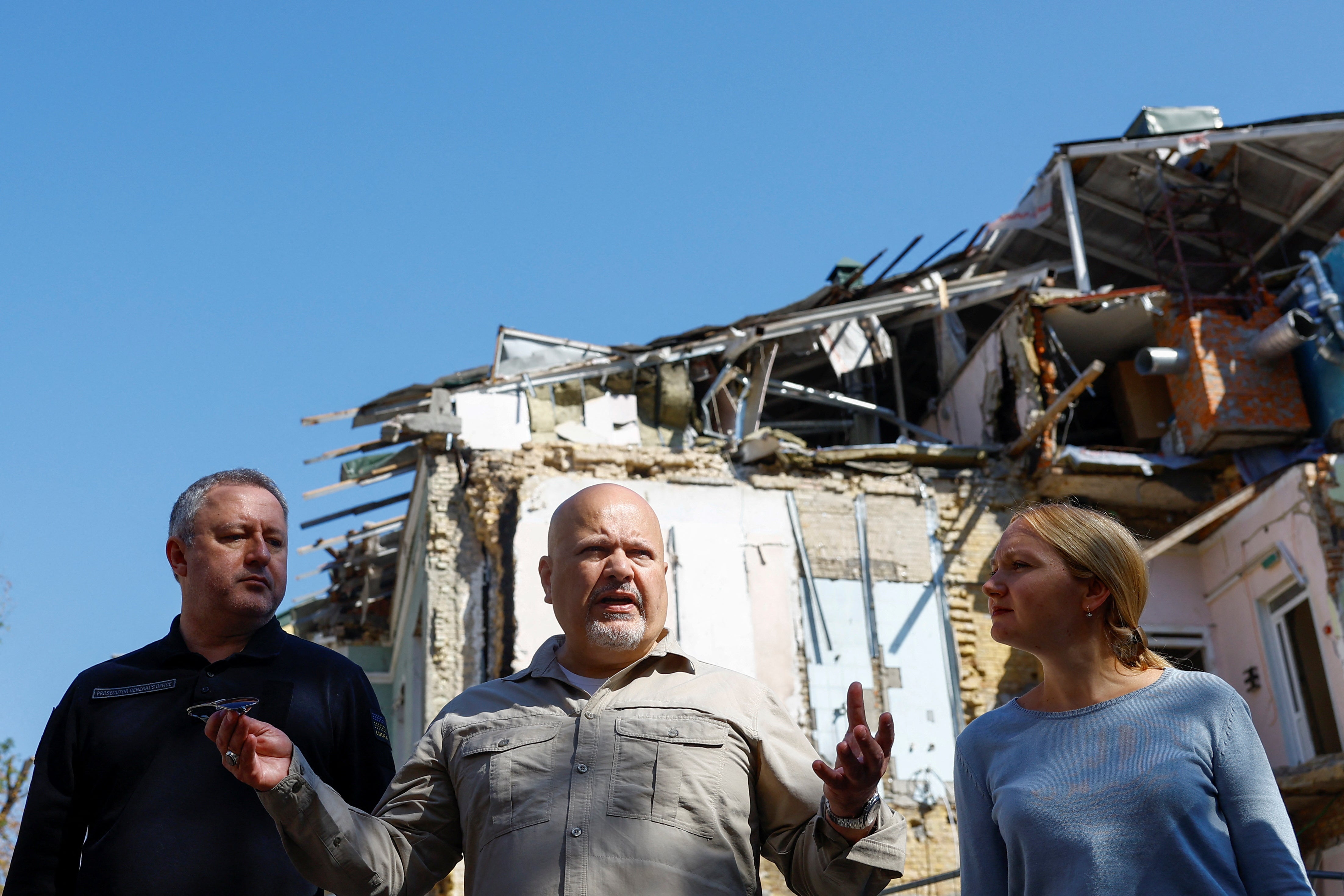 ICC Prosecutor Karim Khan and Ukrainian Prosecutor General Andriy Kostin visit the Ohmatdyt Children’s Hospital hit by a Russian missile strike in July