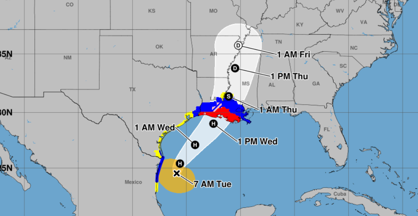 A map shows the forecast path of Tropical Storm Francine. The tropical cyclone is moving north near the Gulf Coast, according to the National Weather Service. The agency says it is forecast to strengthen into a hurricane later this week.