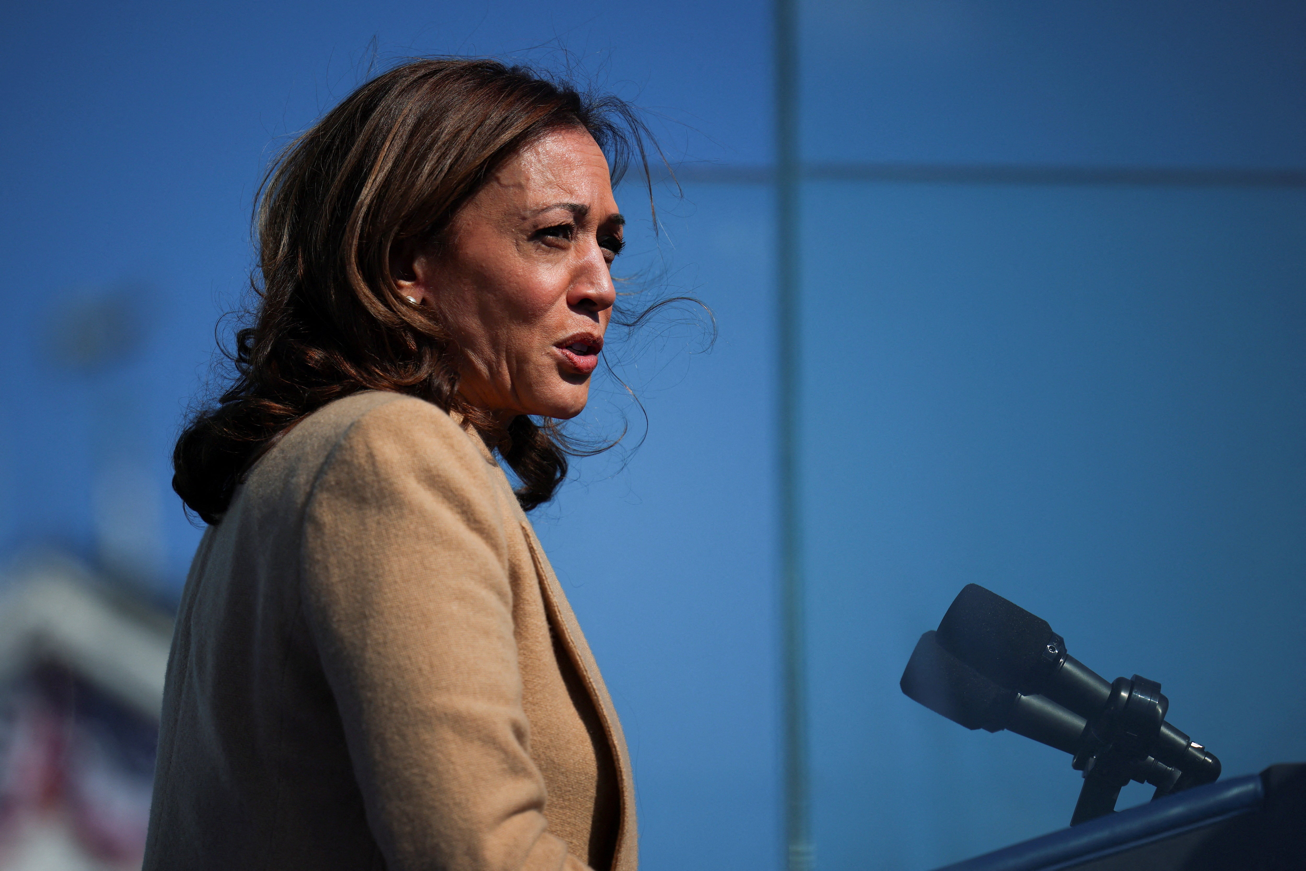 Democratic presidential candidate and U.S. Vice President Kamala Harris speaks during a campaign rally in North Hampton, New Hampshire, U.S., September 4, 2024. A 2019 ACLU poll revealed some of her earlier, more progressive positions