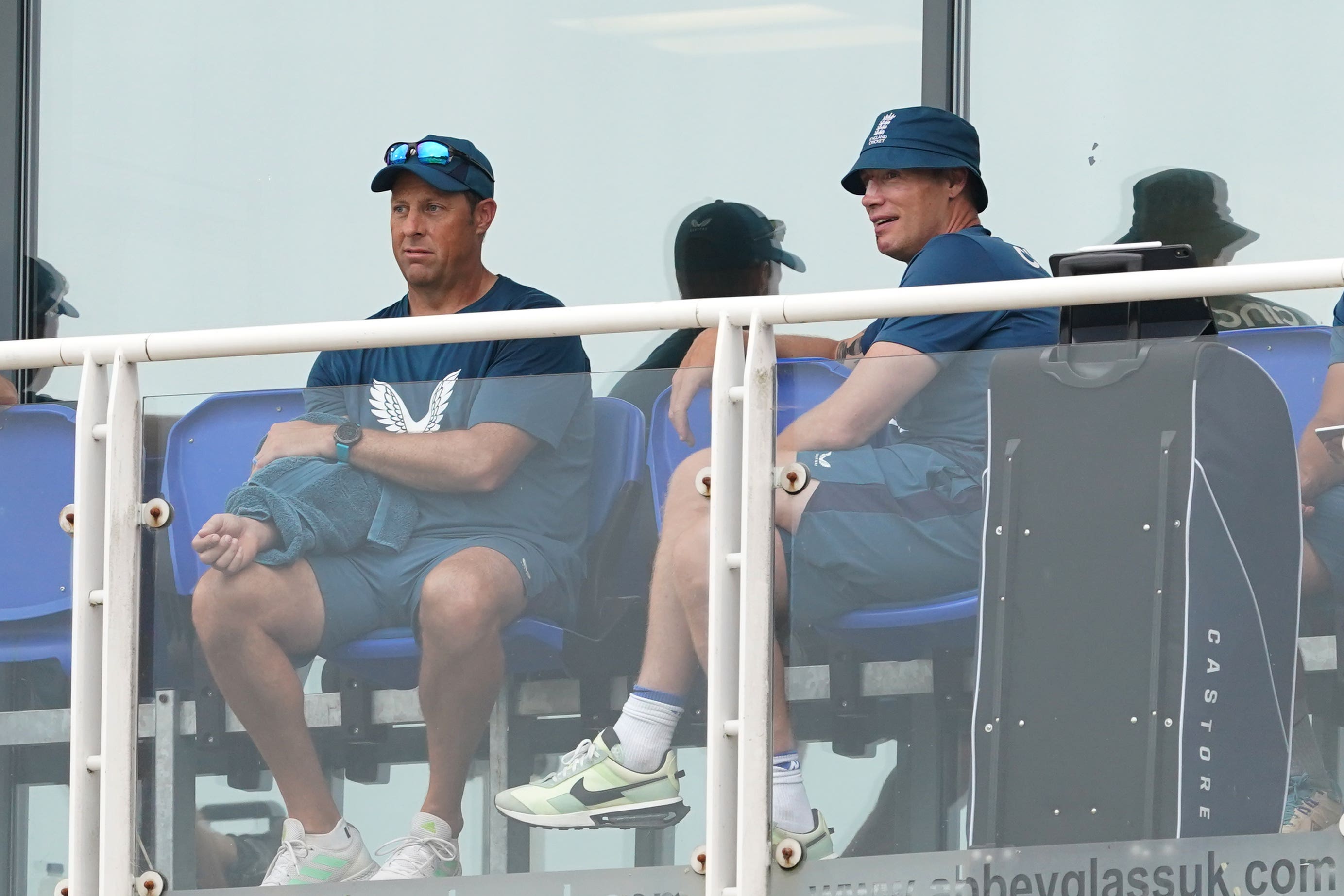 England batting coach Marcus Trescothick (left) and Freddie Flintoff in the stands during the first one day international match at Sophia Gardens, Cardiff. Picture date: Friday September 8, 2023.