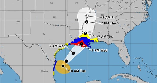 <p>A map shows the forecast path of Tropical Storm Francine. The cyclone is moving north near the Gulf Coast, according to the National Weather Service. The agency says it is forecast to strengthen into a hurricane on Tuesday </p>