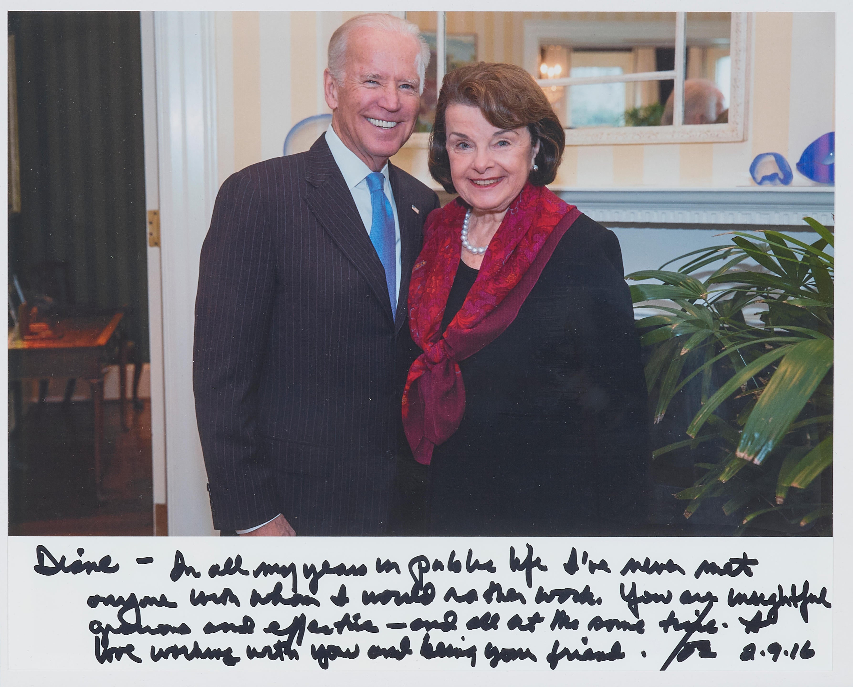 A 2016 photograph of Dianne Feinstein at the White House, inscribed by Joe Biden, estimated between $800 and $1,200