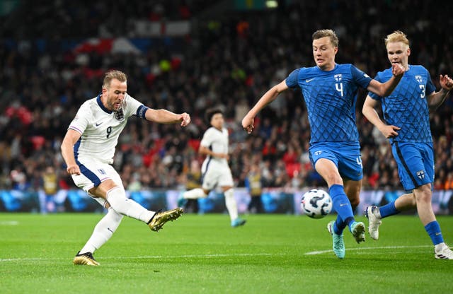 <p>Harry Kane lashes home England’s first goal against Finland </p>