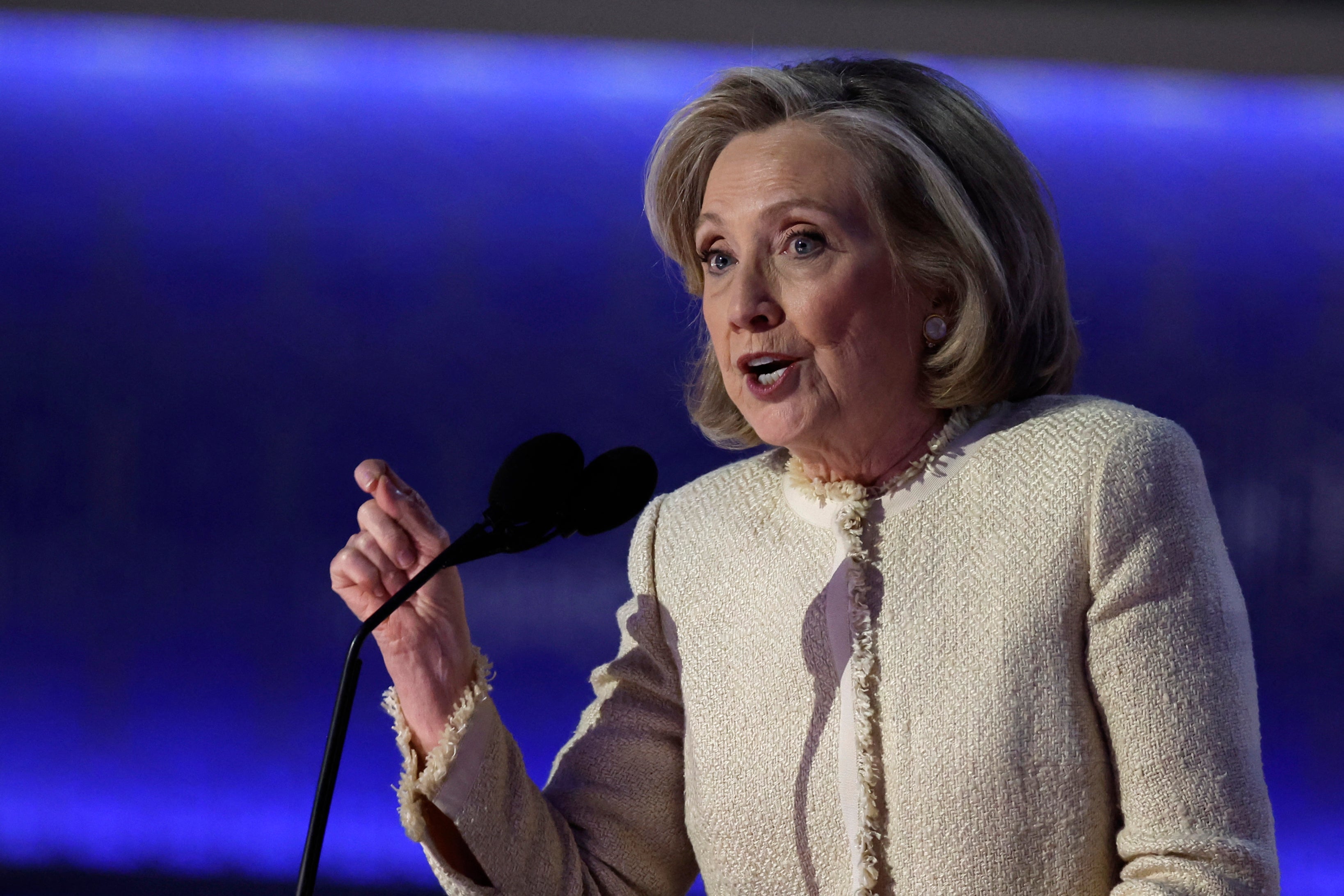 Former Secretary of State Hillary Clinton at the Democratic National Convention in Chicago, on August 19. She offered advice to Kamala Harris for debating Trump, something she has done three times