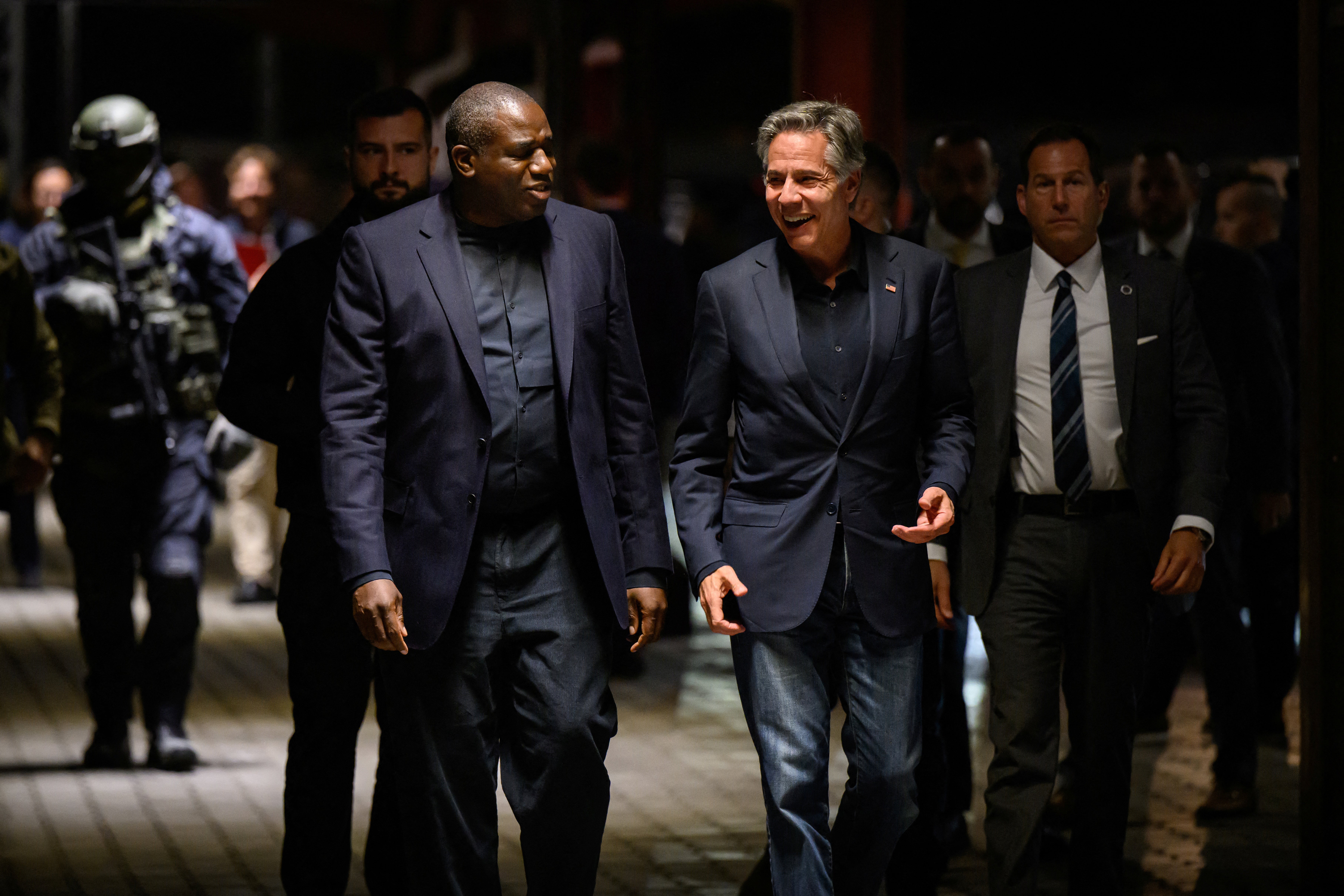 Britain’s foreign secretary David Lammy and US secretary of state Antony Blinken walk to board a train for Kyiv on Wednesday