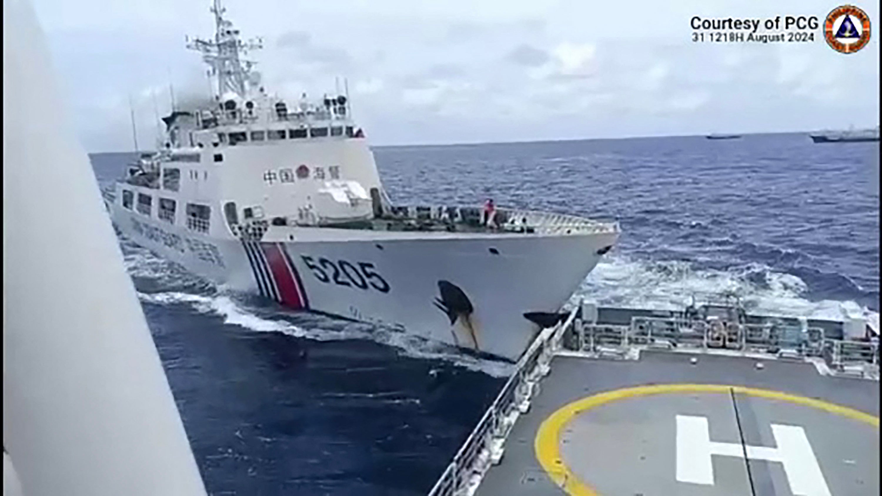 Screengrab from video footage taken and released on 31 August by the Philippine Coast Guard shows a Chinese ship colliding with Philippine Coast Guard ship BRP Teresa Magbanua near the Sabina Shoal.