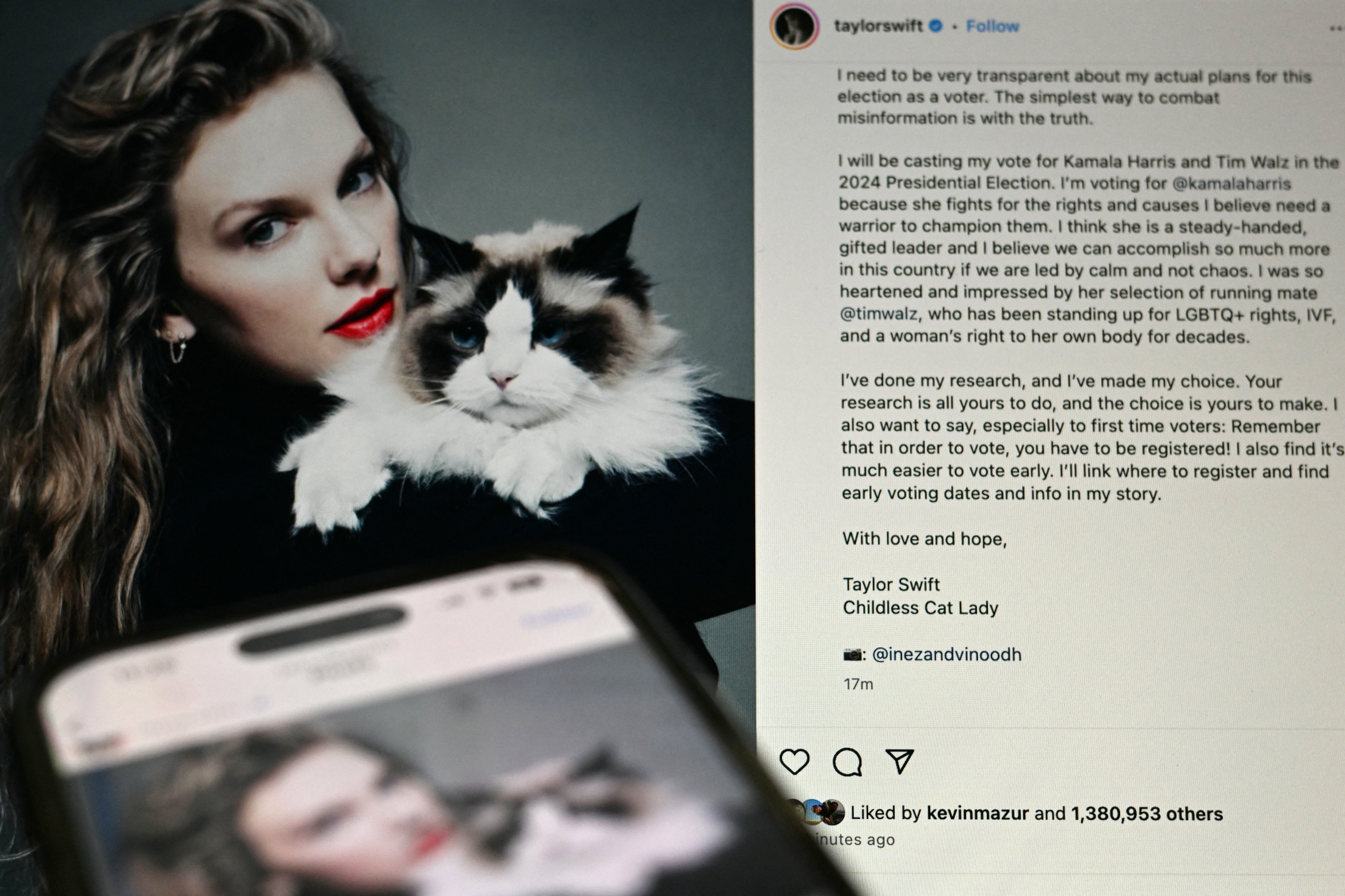 Taylor Swift's Instagram post supports Kamala Harris and Tim Walz in the 2024 election