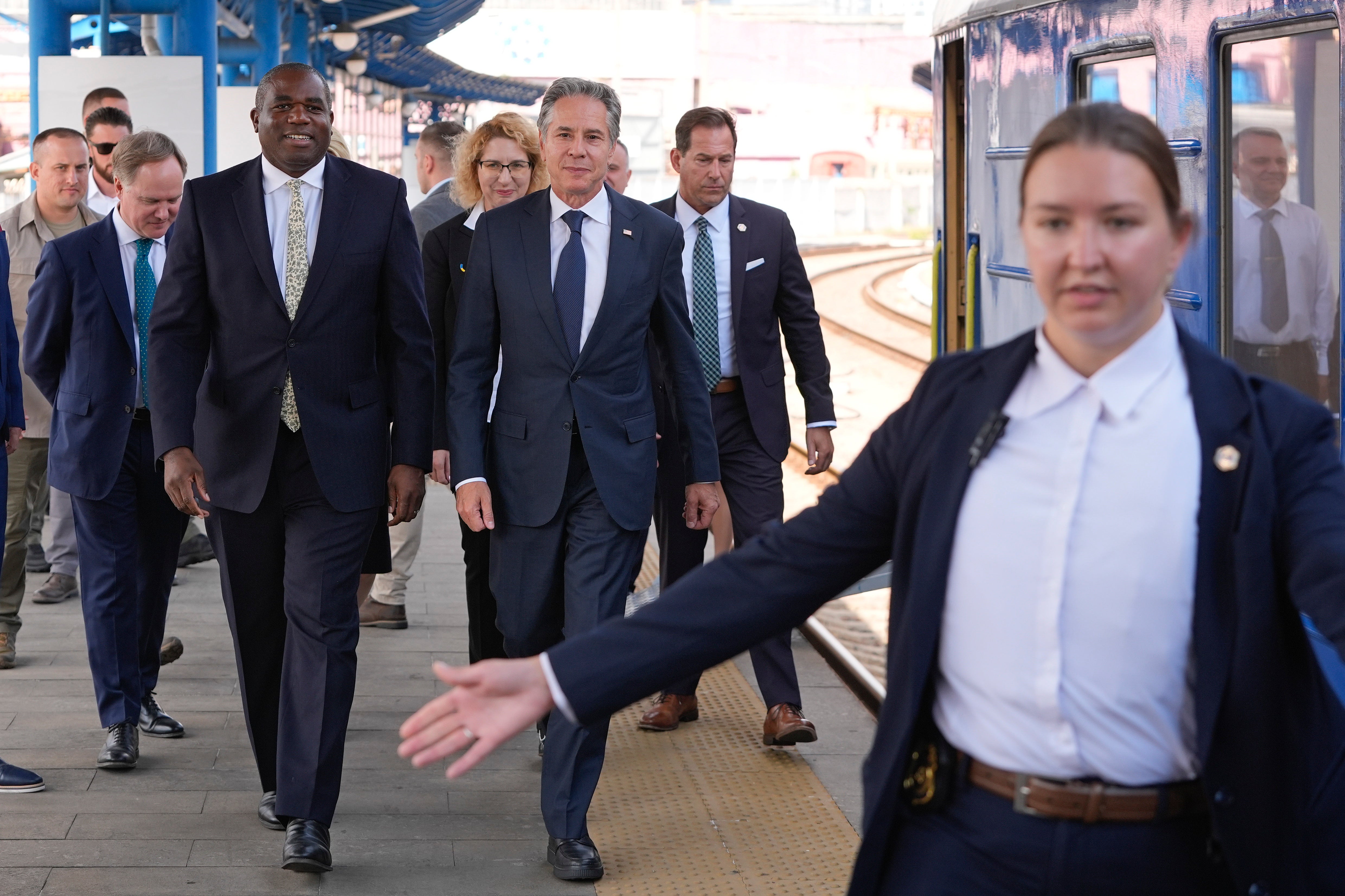 U.S. Secretary of State Antony Blinken and British Foreign Secretary David Lammy arrive at the train station in Kyiv, Ukraine