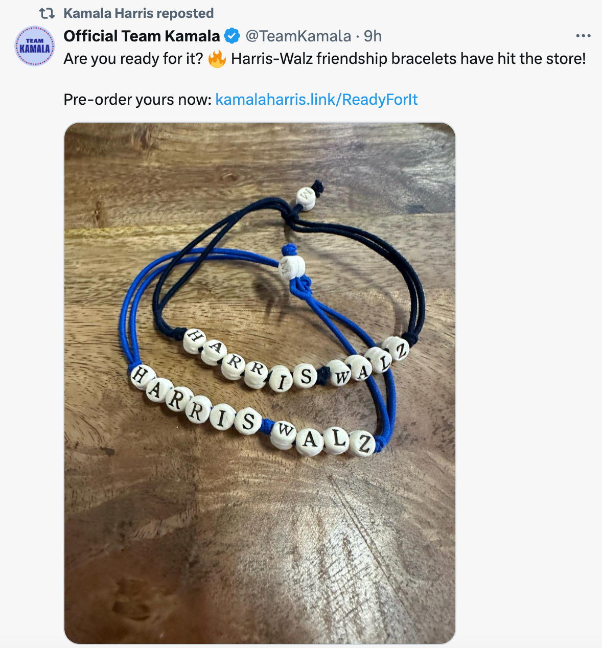 The vice president’s X account shared a post of the Harris-Walz friendship bracelets